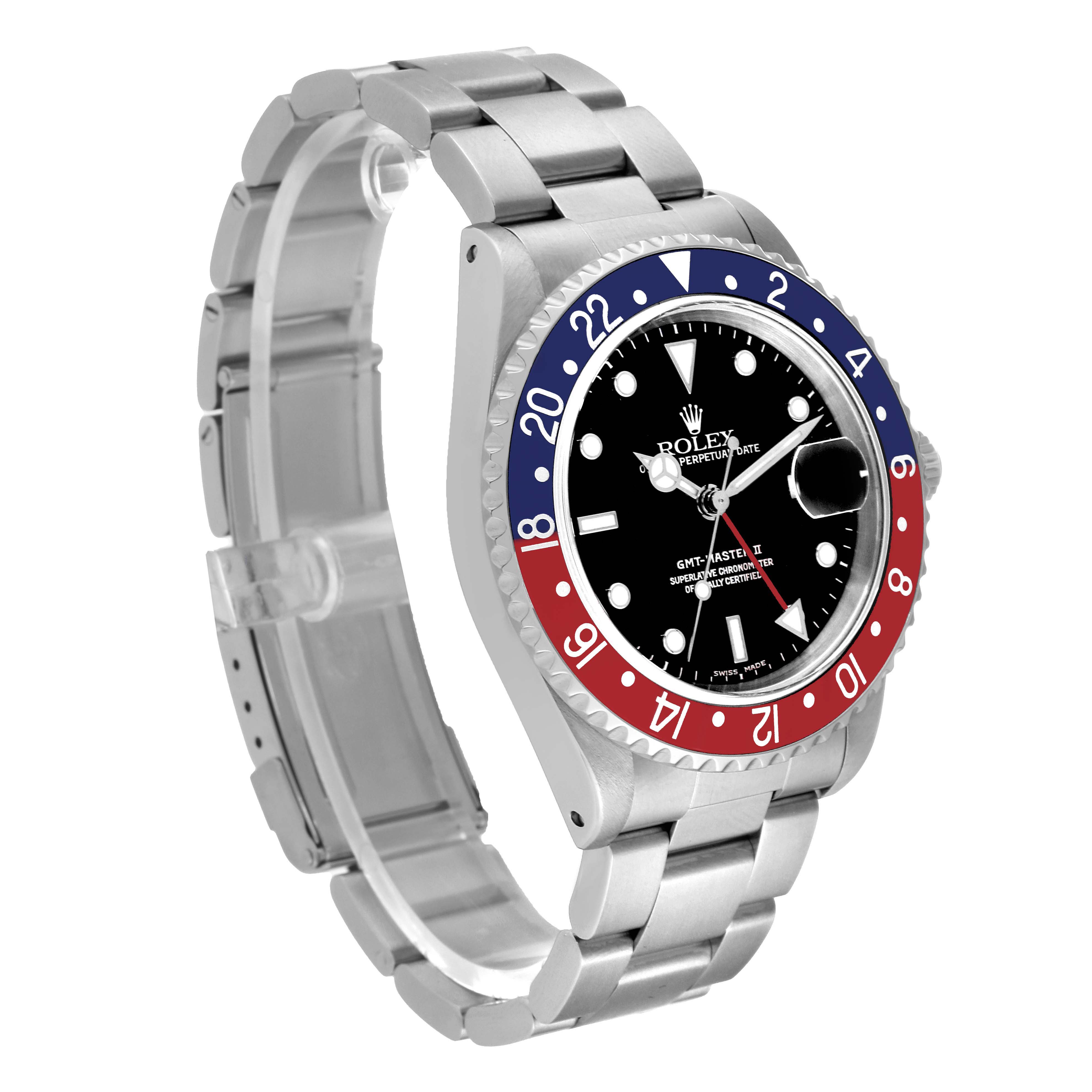 The image shows a Rolex GMT-Master 16710 Men's Stainless Steel Black Dial 16710 Men's Stainless Steel Black Dial watch at a three-quarter angle, highlighting the bezel, dial, and stainless steel bracelet.