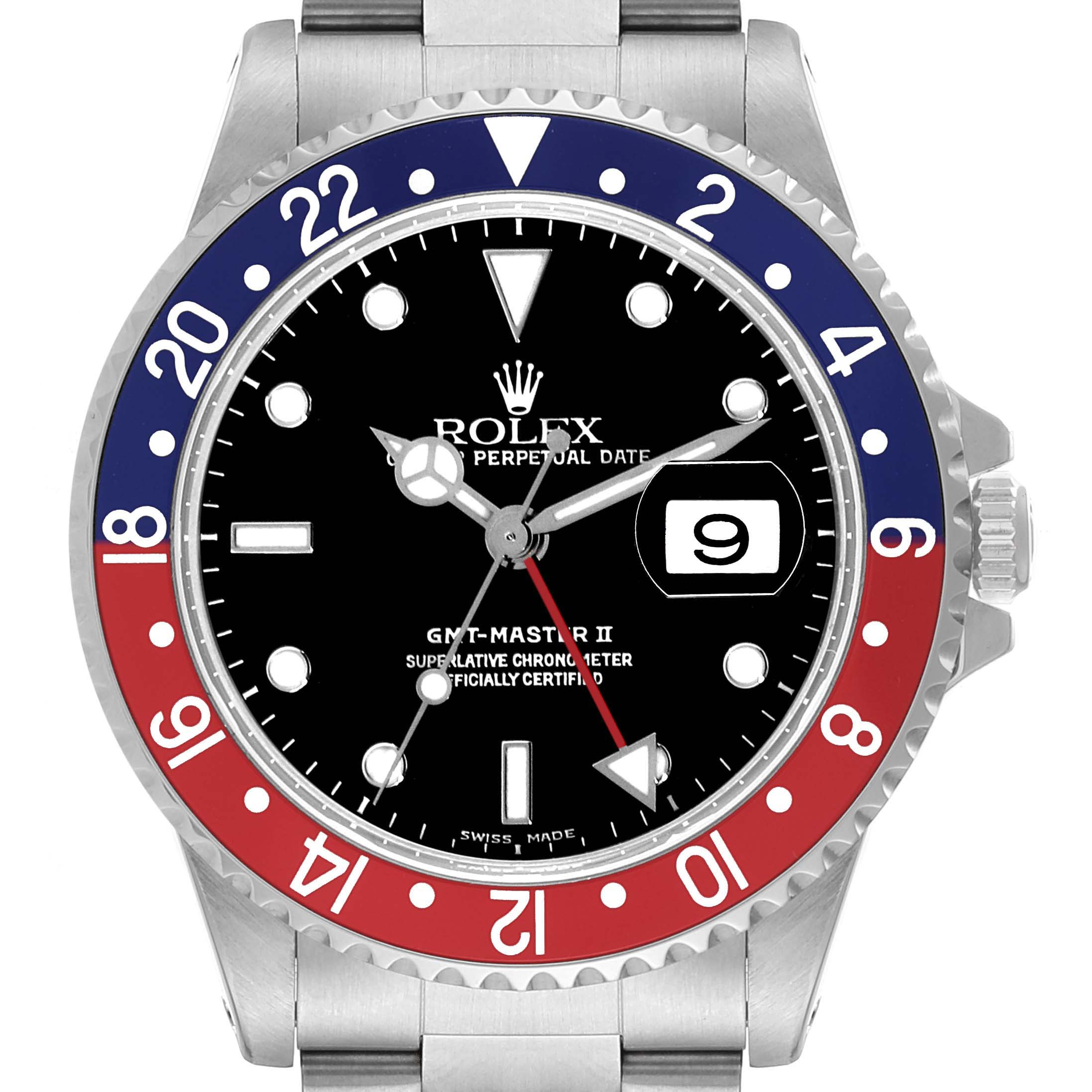The image shows a front view of the Rolex GMT-Master 16710 Men's Stainless Steel Black Dial 16710 Men's Stainless Steel Black Dial II watch, highlighting its black dial, date display, and red and blue bezel.
