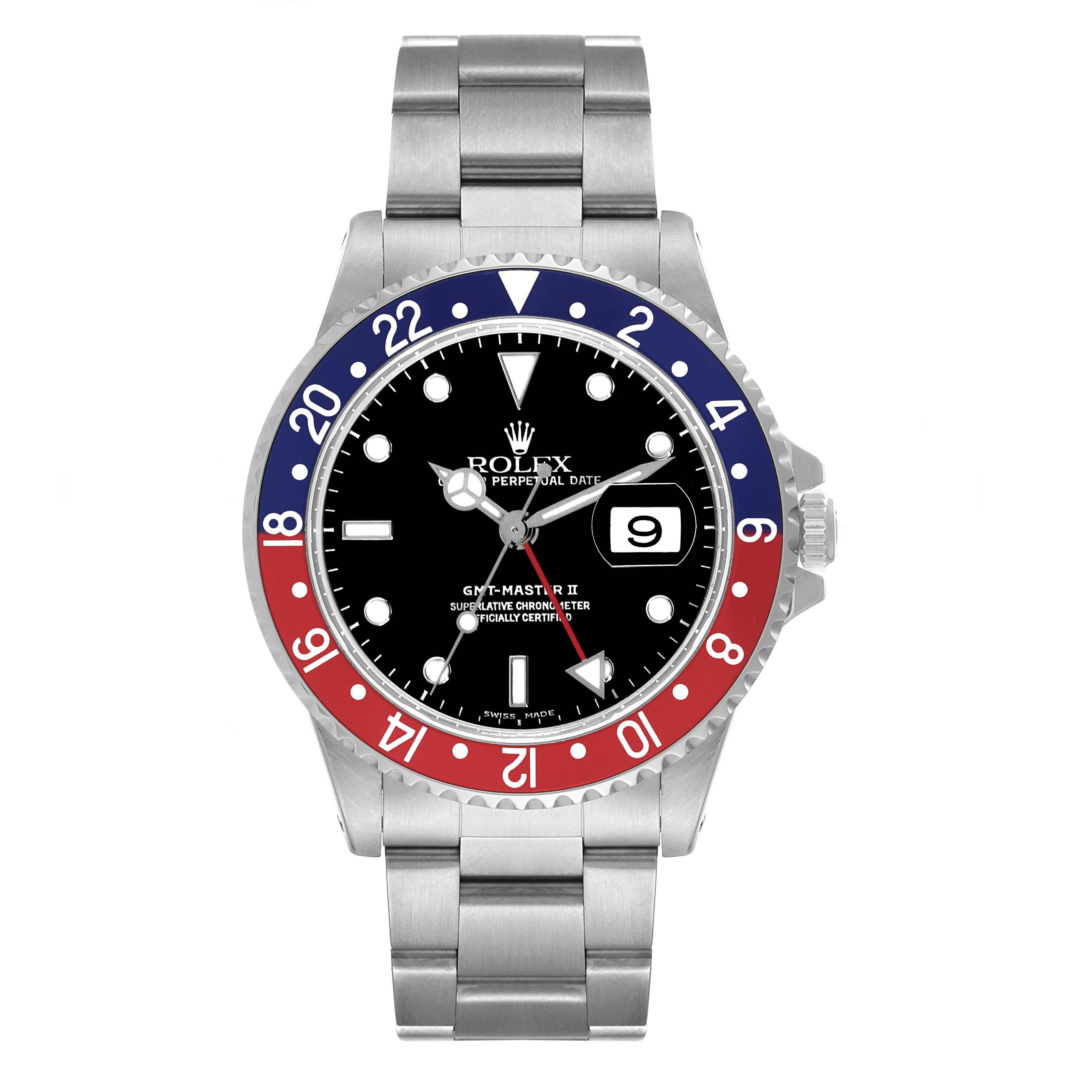 The image shows a front view of a Rolex GMT-Master 16710 Men's Stainless Steel Black Dial 16710 Men's Stainless Steel Black Dial, highlighting the bezel, dial, hands, and bracelet.