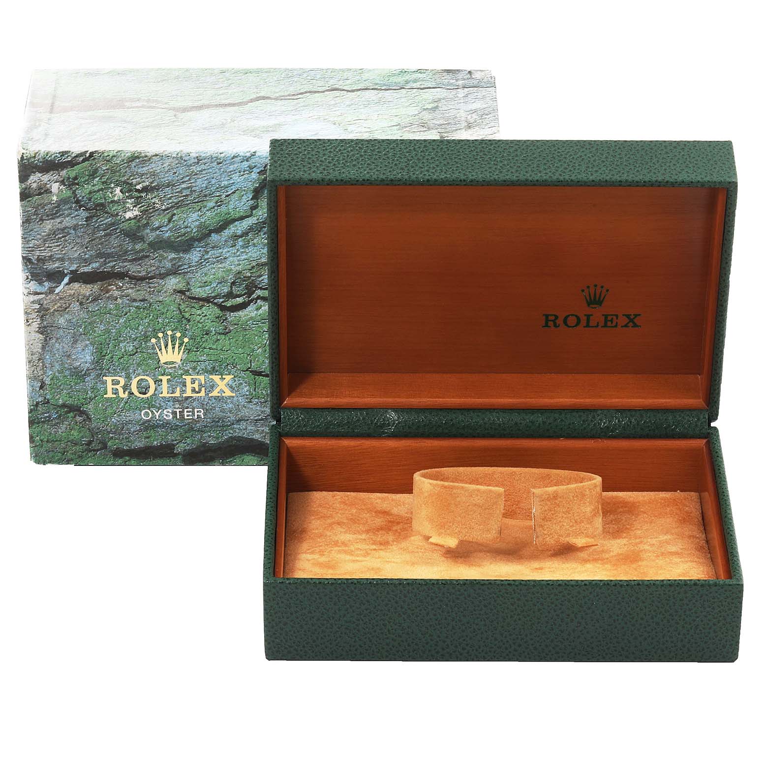 The image shows an open Rolex GMT-Master 16710 Men's Stainless Steel Black Dial 16710 Men's Stainless Steel Black Dial watch box and its green outer packaging with the watch holder inside.