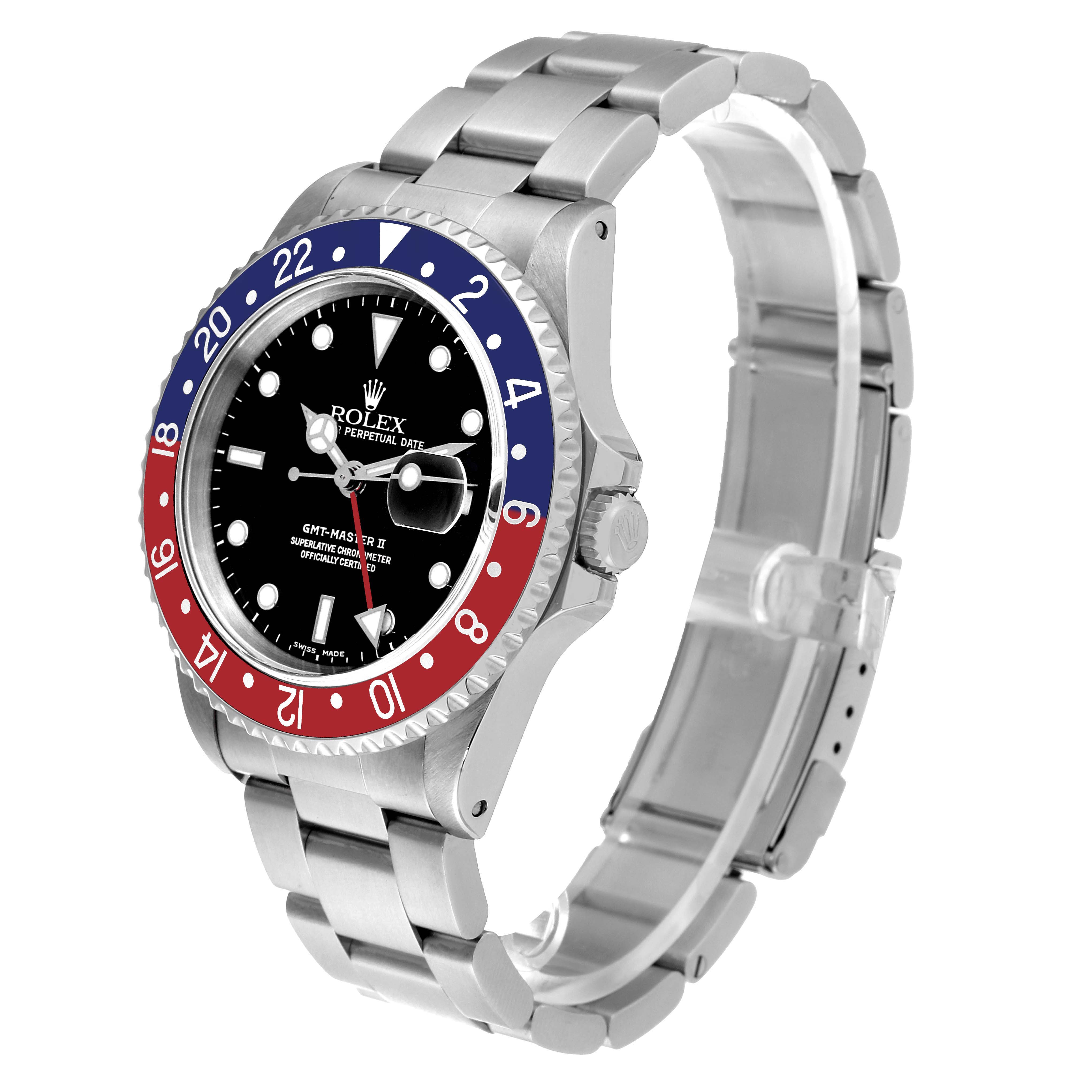 The image shows a side angle of the Rolex GMT-Master 16710 Men's Stainless Steel Black Dial 16710 Men's Stainless Steel Black Dial II watch, highlighting its bezel, dial, and bracelet.