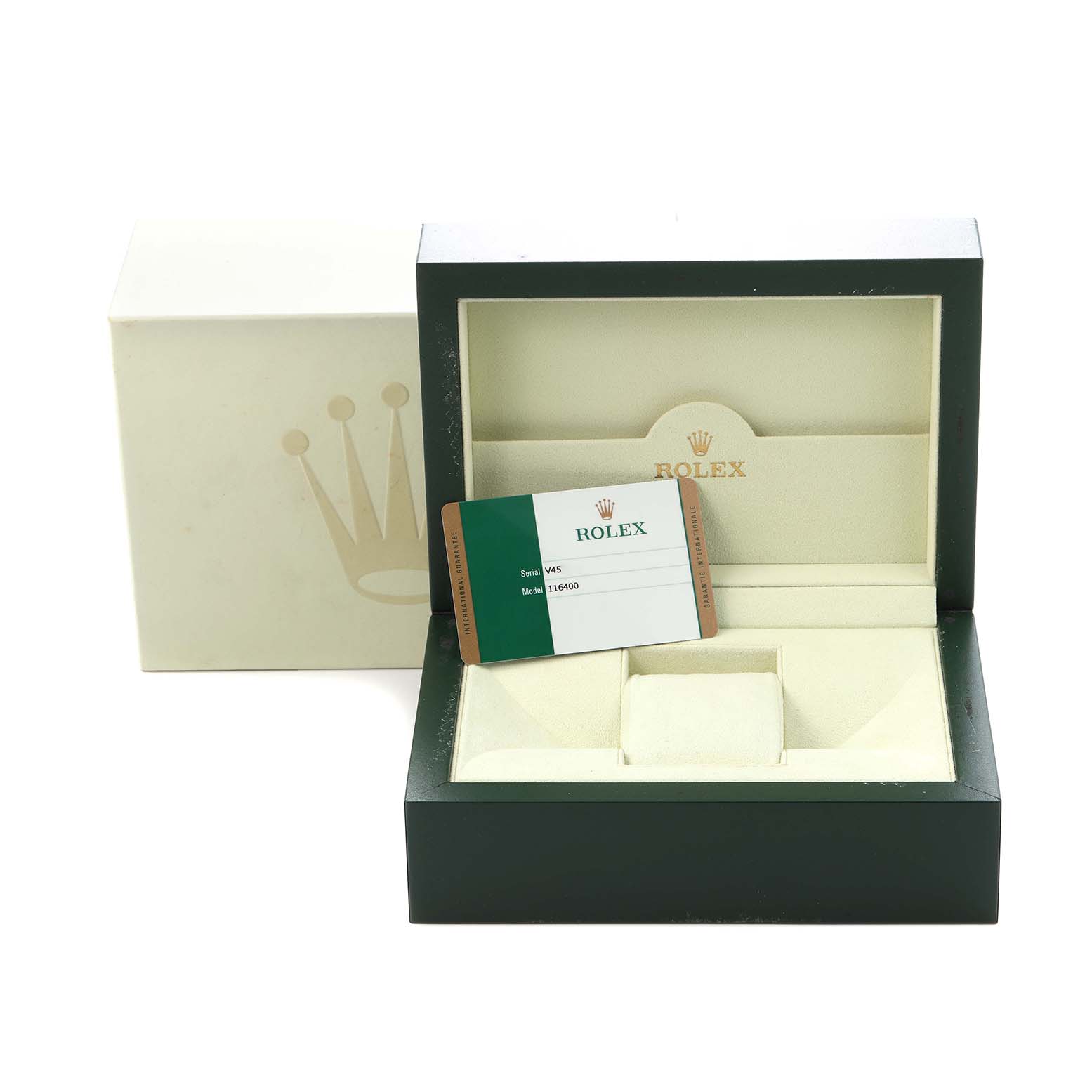 The image shows a Rolex Milgauss 116400 Men's Stainless Steel White Dial 116400 Men's Stainless Steel White Dial watch box with its open lid, displaying an empty interior and a model card.