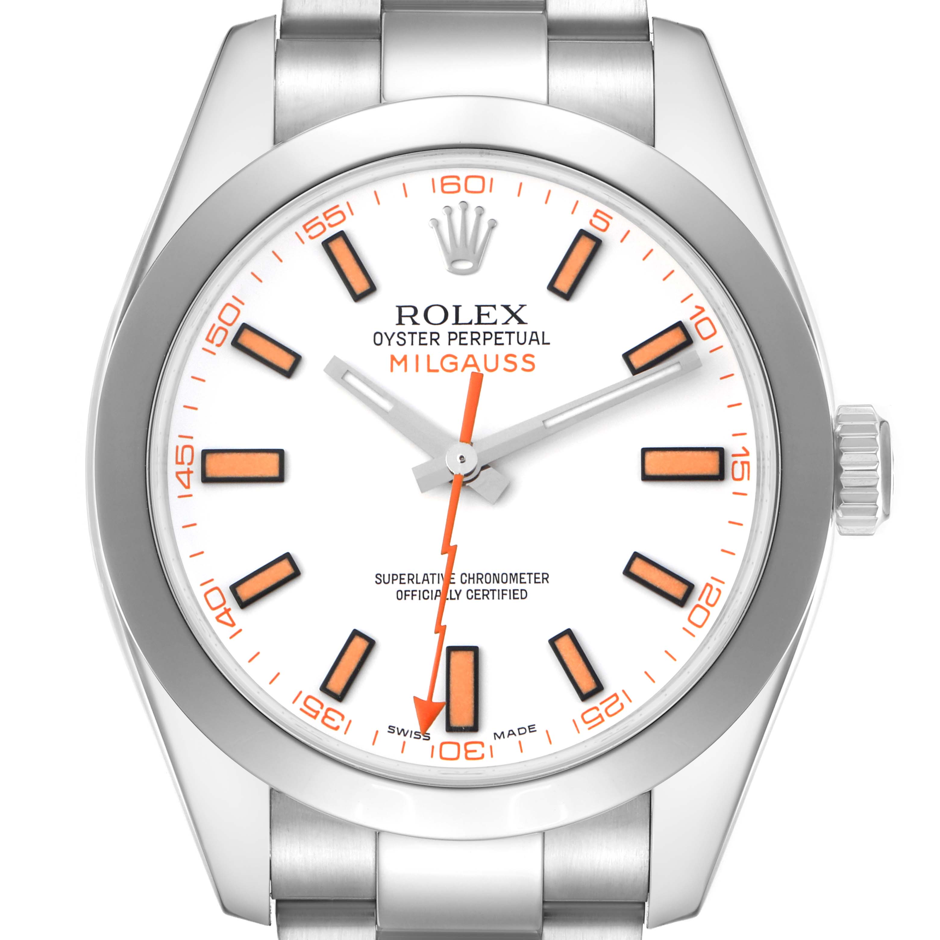 The Rolex Milgauss 116400 Men's Stainless Steel White Dial 116400 Men's Stainless Steel White Dial watch is shown from a front angle, displaying its dial, bezel, and bracelet links.