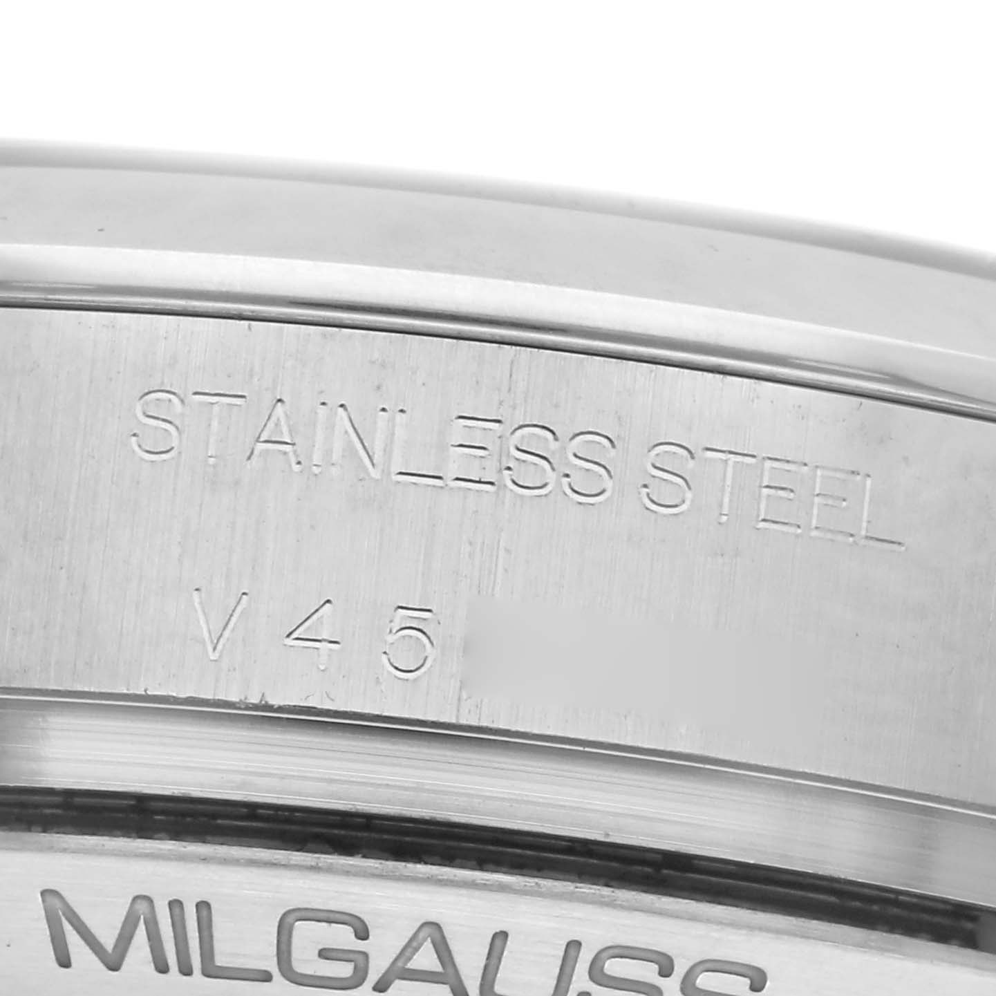 The image shows an engraved view of the side of the Rolex Milgauss 116400 Men's Stainless Steel White Dial 116400 Men's Stainless Steel White Dial watch, highlighting the "STAINLESS STEEL" inscription.