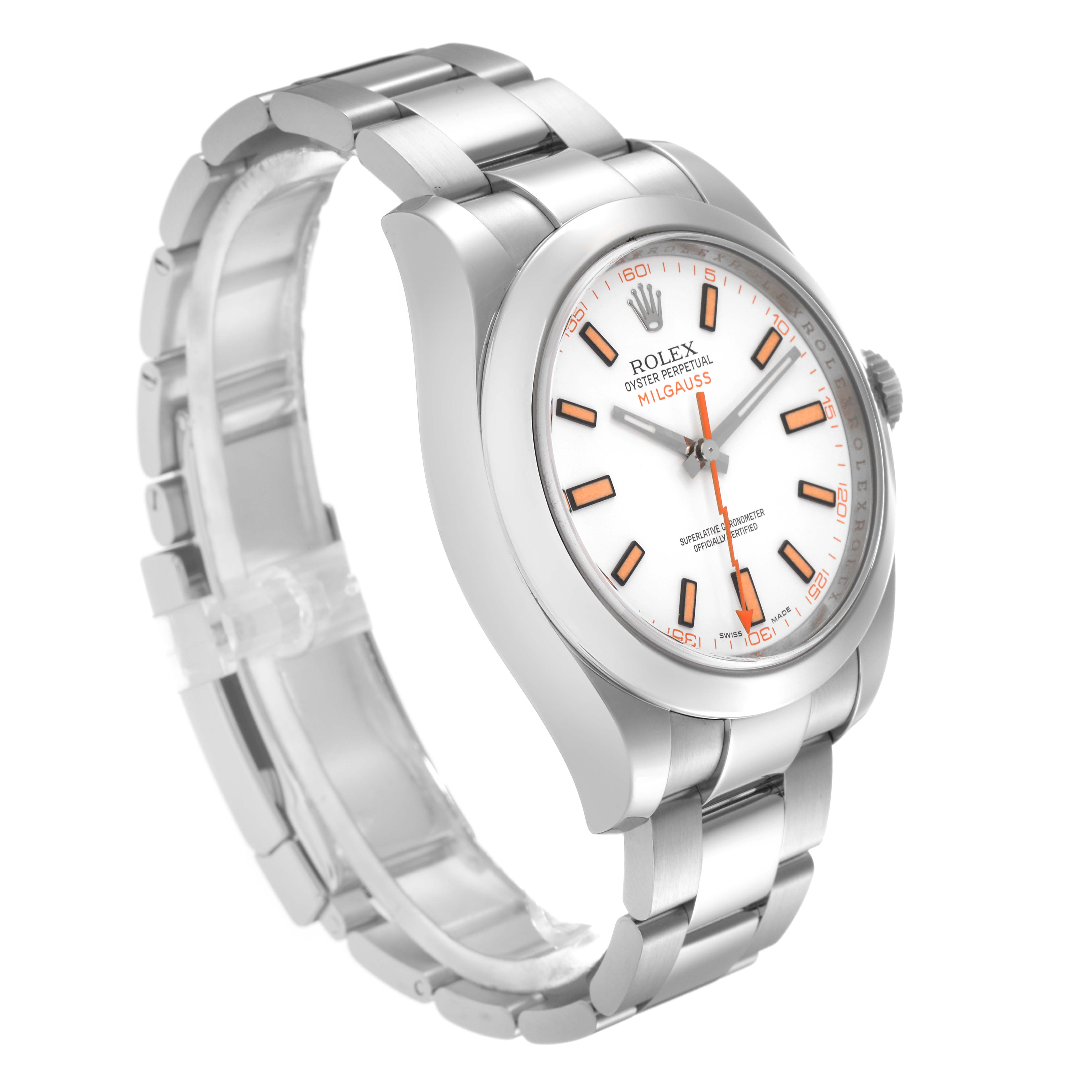 The image shows a Rolex Milgauss 116400 Men's Stainless Steel White Dial 116400 Men's Stainless Steel White Dial watch at a three-quarter angle, highlighting the face, bezel, and bracelet.
