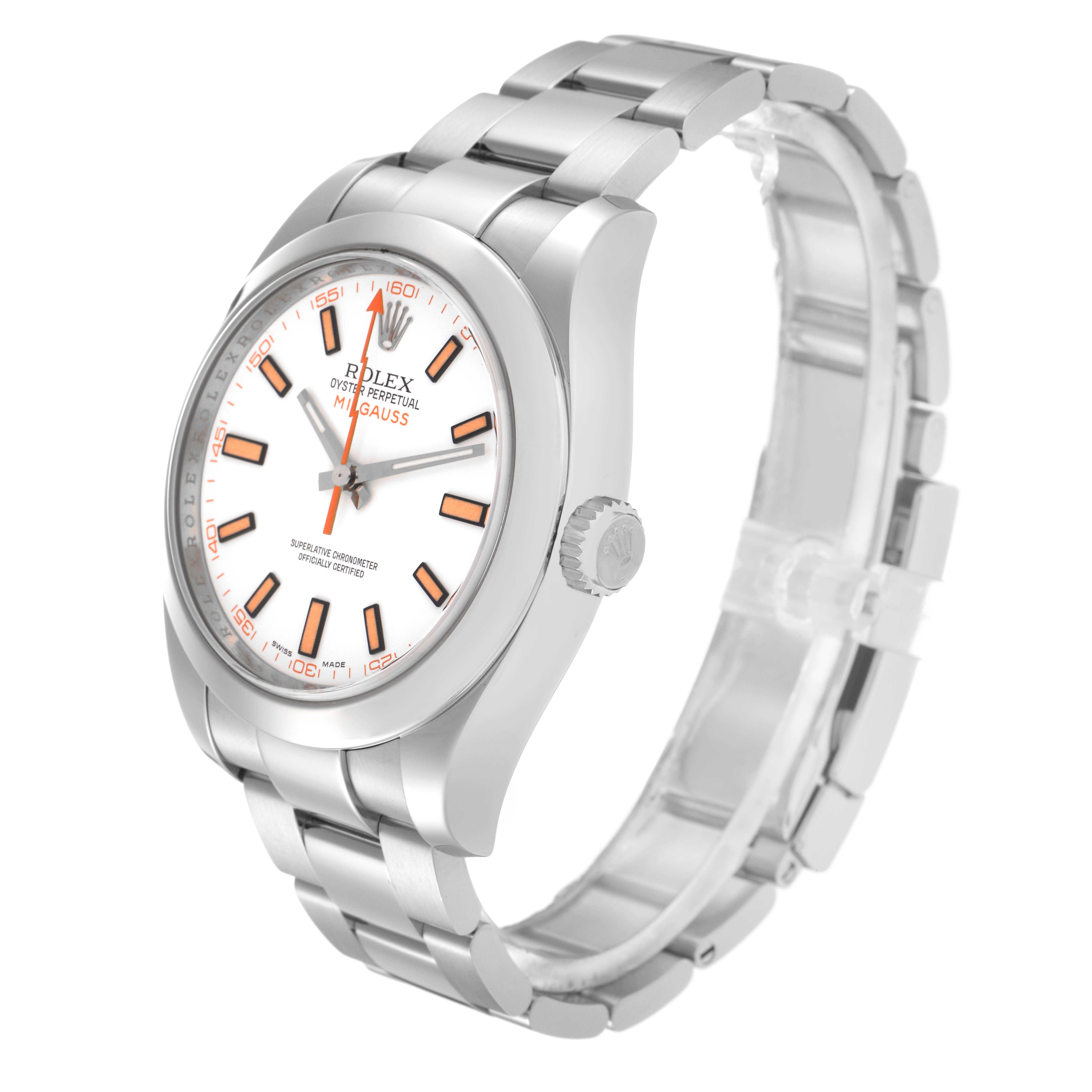 The Rolex Milgauss 116400 Men's Stainless Steel White Dial 116400 Men's Stainless Steel White Dial watch is shown at a three-quarter angle, displaying its face, bezel, crown, and bracelet.