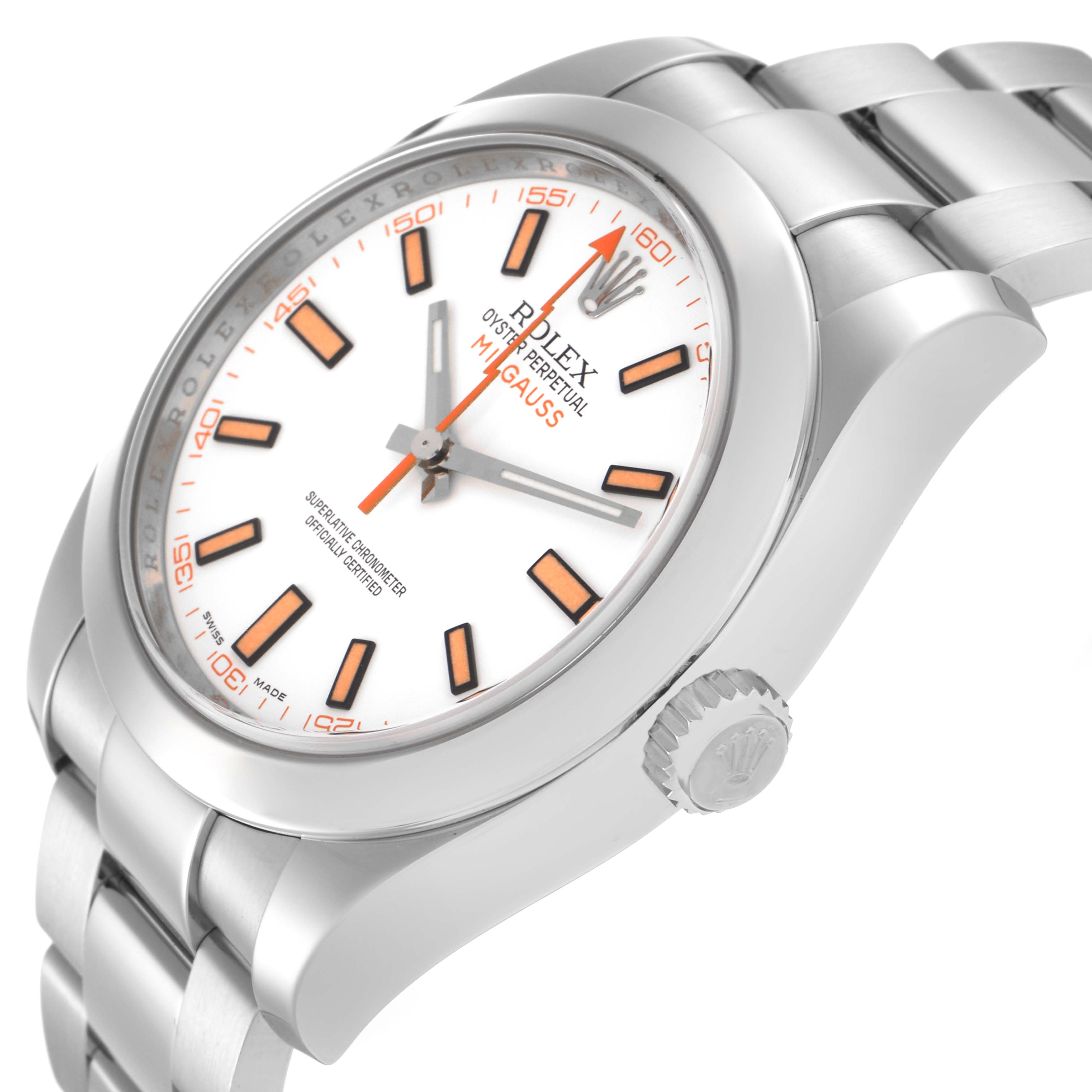 The Rolex Milgauss 116400 Men's Stainless Steel White Dial 116400 Men's Stainless Steel White Dial watch is shown at an angled view highlighting the face, crown, and bracelet.