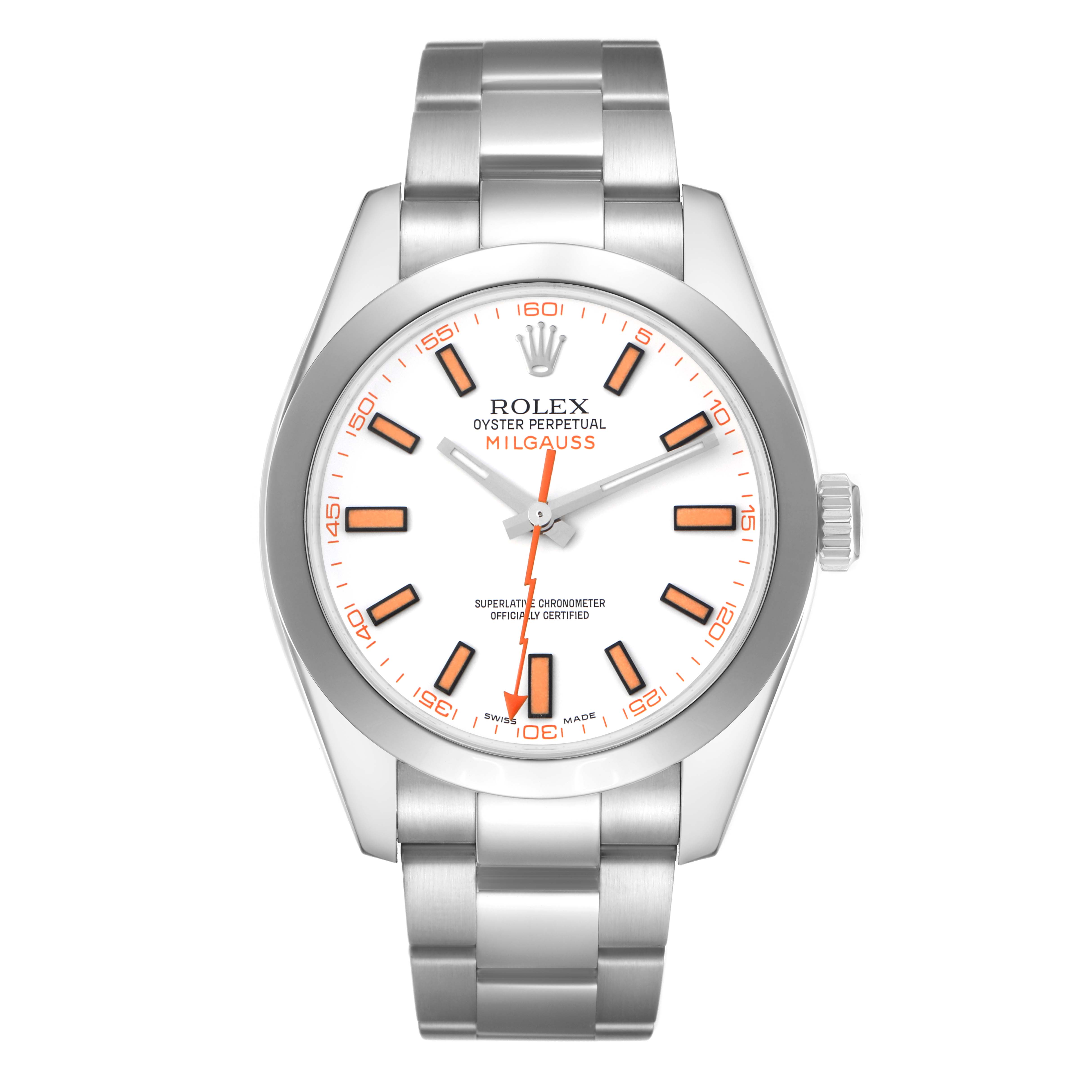 The Rolex Milgauss 116400 Men's Stainless Steel White Dial 116400 Men's Stainless Steel White Dial watch is shown from a straight-on angle, displaying its face, bezel, and stainless steel bracelet.