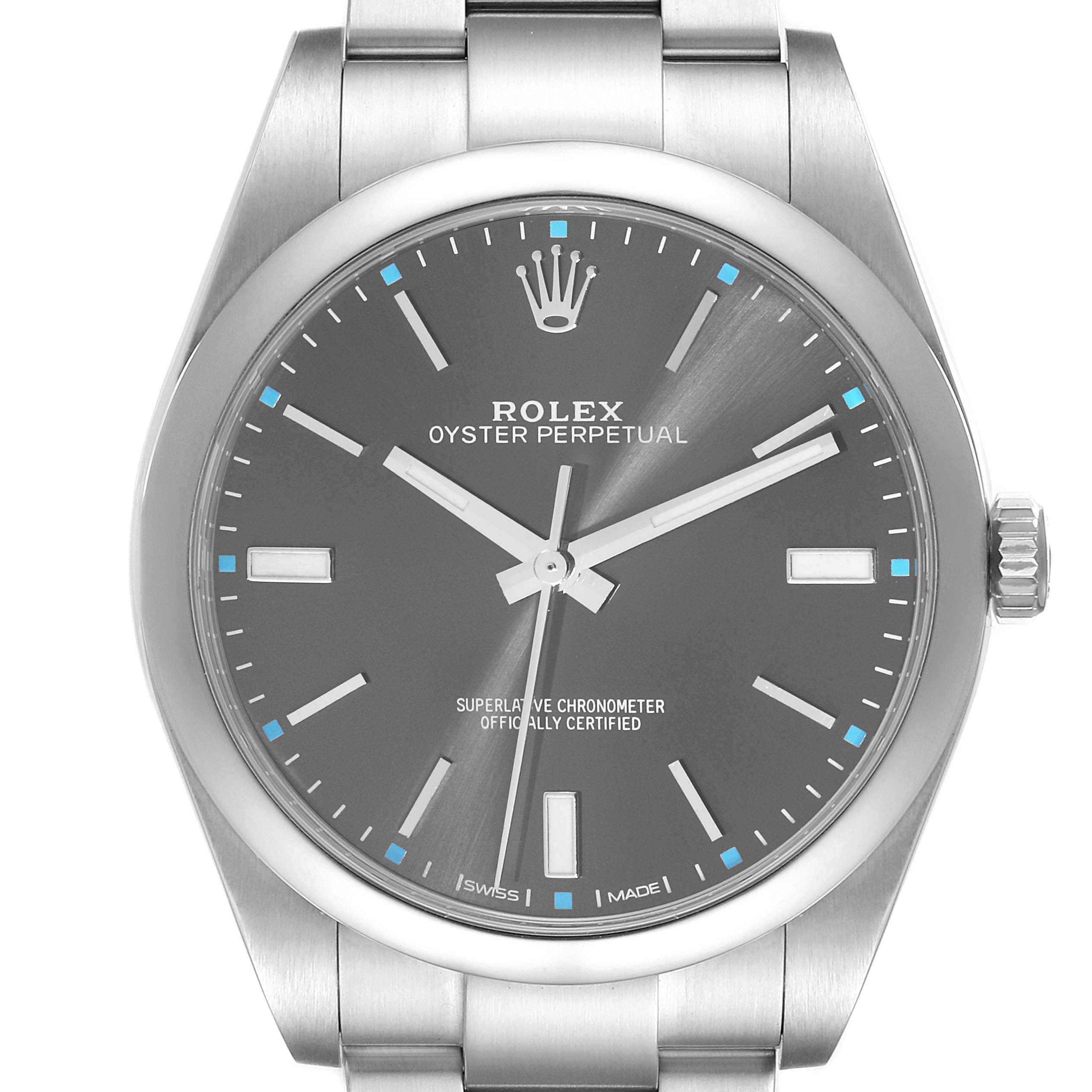 The image shows a front view of the Rolex Oyster Perpetual 114300 Men's Stainless Steel Grey Dial 114300 Men's Stainless Steel Grey Dial watch, displaying the dial, hands, and part of the metal bracelet.