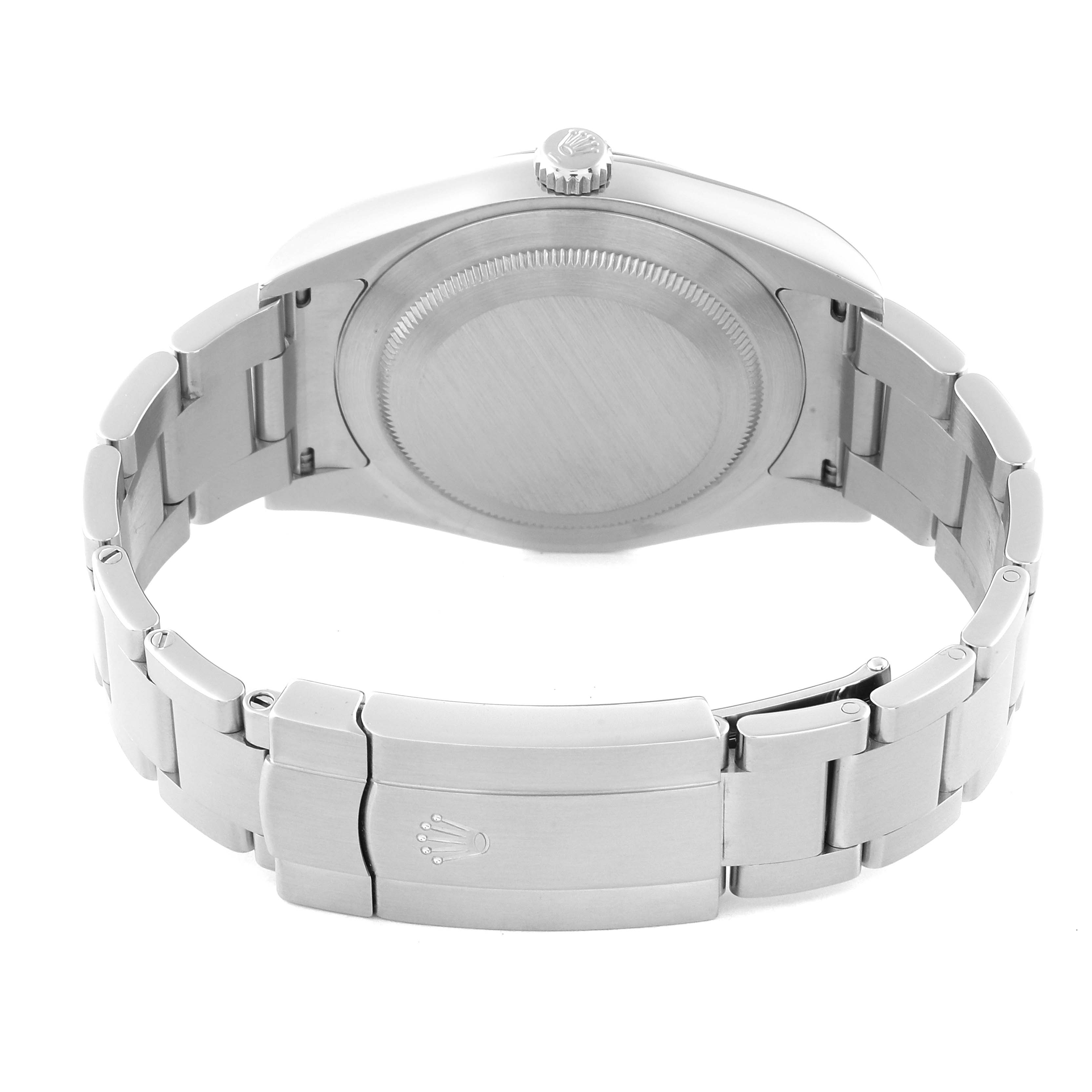 The image shows the back view and bracelet clasp of a Rolex Oyster Perpetual 114300 Men's Stainless Steel Grey Dial 114300 Men's Stainless Steel Grey Dial watch.