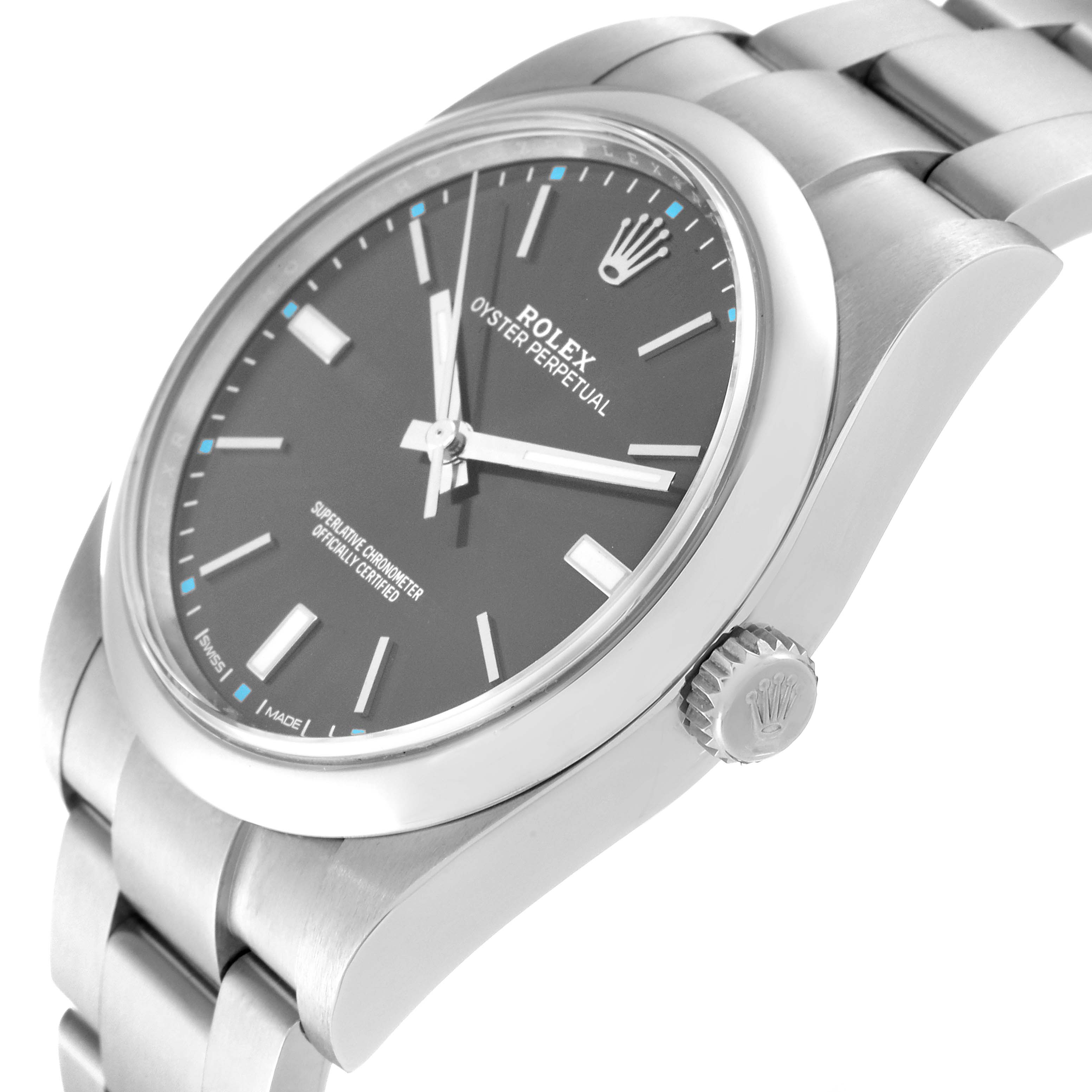 The image shows a side angle of a Rolex Oyster Perpetual 114300 Men's Stainless Steel Grey Dial 114300 Men's Stainless Steel Grey Dial watch, highlighting the dial, crown, and part of the bracelet.