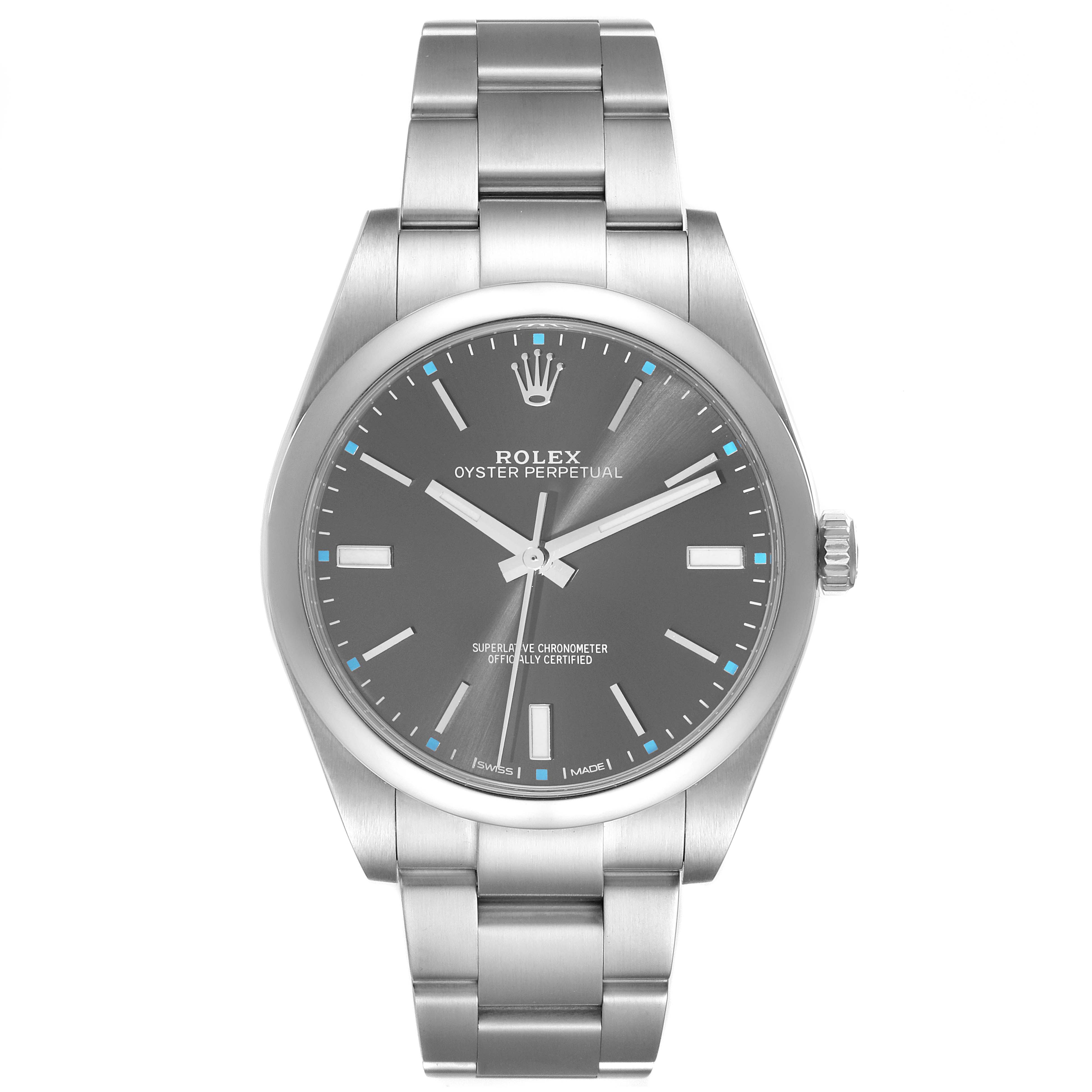 This is a front view of a Rolex Oyster Perpetual 114300 Men's Stainless Steel Grey Dial 114300 Men's Stainless Steel Grey Dial watch, showing the dial, hands, markers, case, and bracelet.
