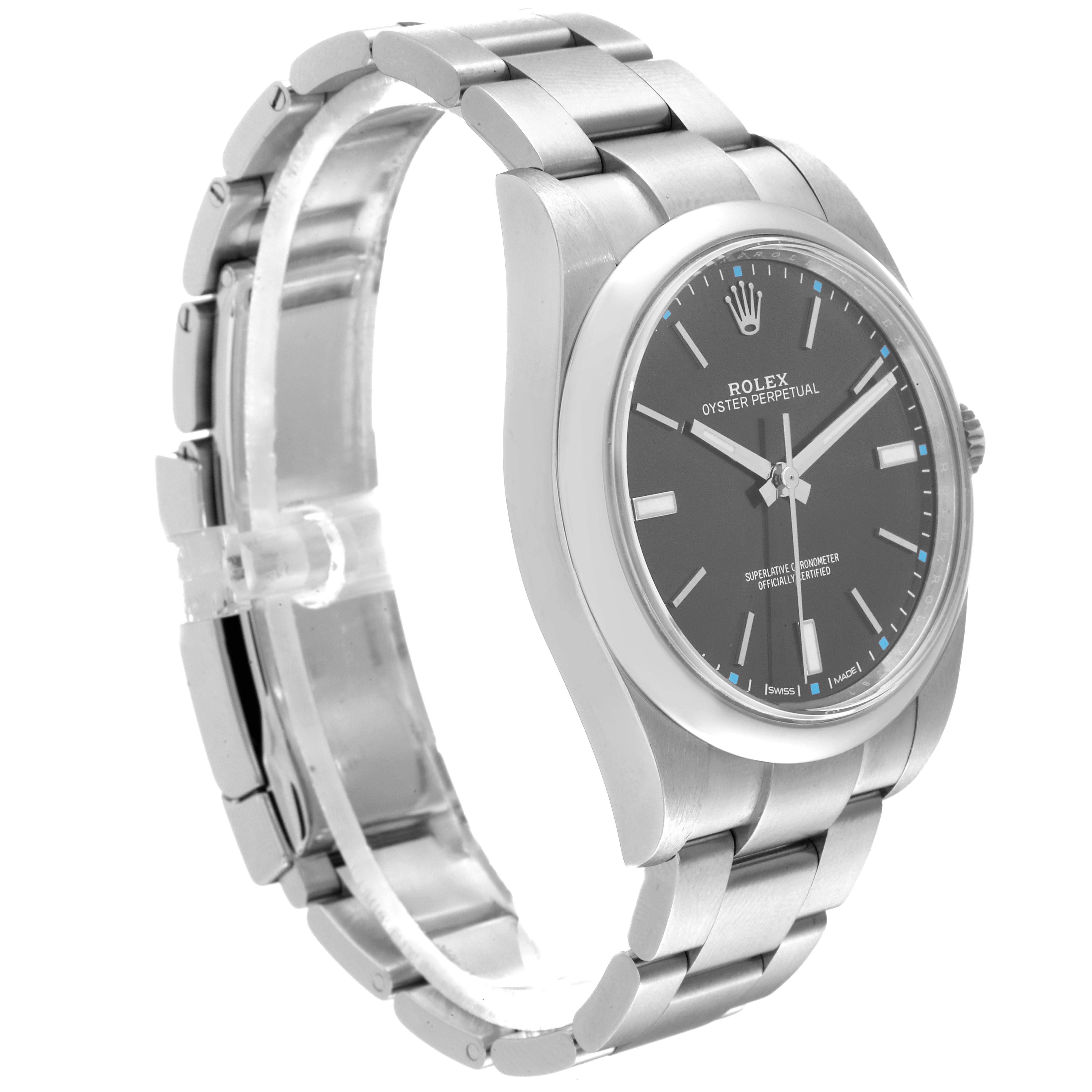 This image shows a side view of a Rolex Oyster Perpetual 114300 Men's Stainless Steel Grey Dial 114300 Men's Stainless Steel Grey Dial watch, highlighting its bracelet and face.