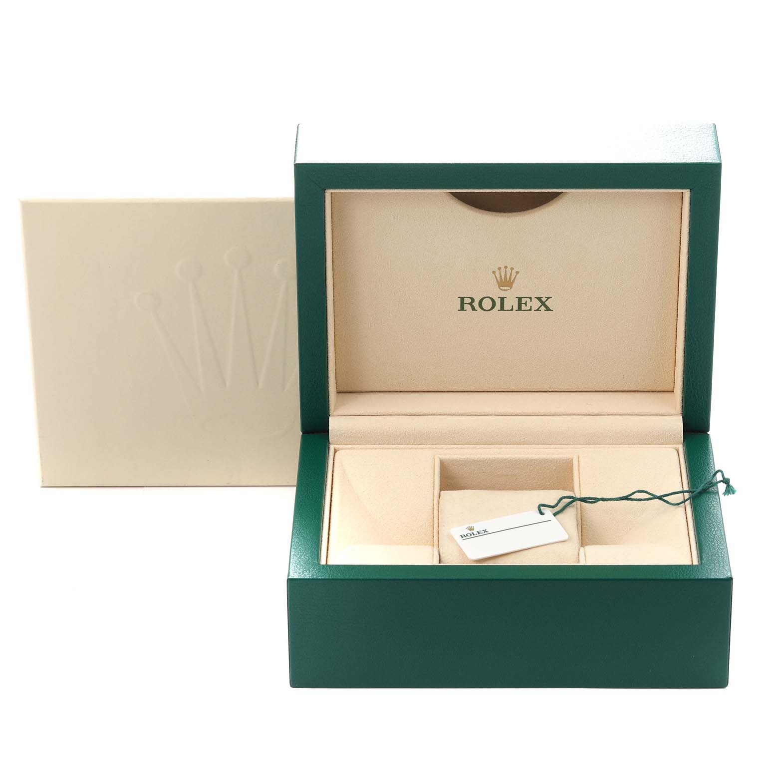The image shows an empty Rolex Oyster Perpetual 124300 Men's Stainless Steel Green Dial 124300 Men's Stainless Steel Green Dial watch box with a tag inside, viewed from the front angle.