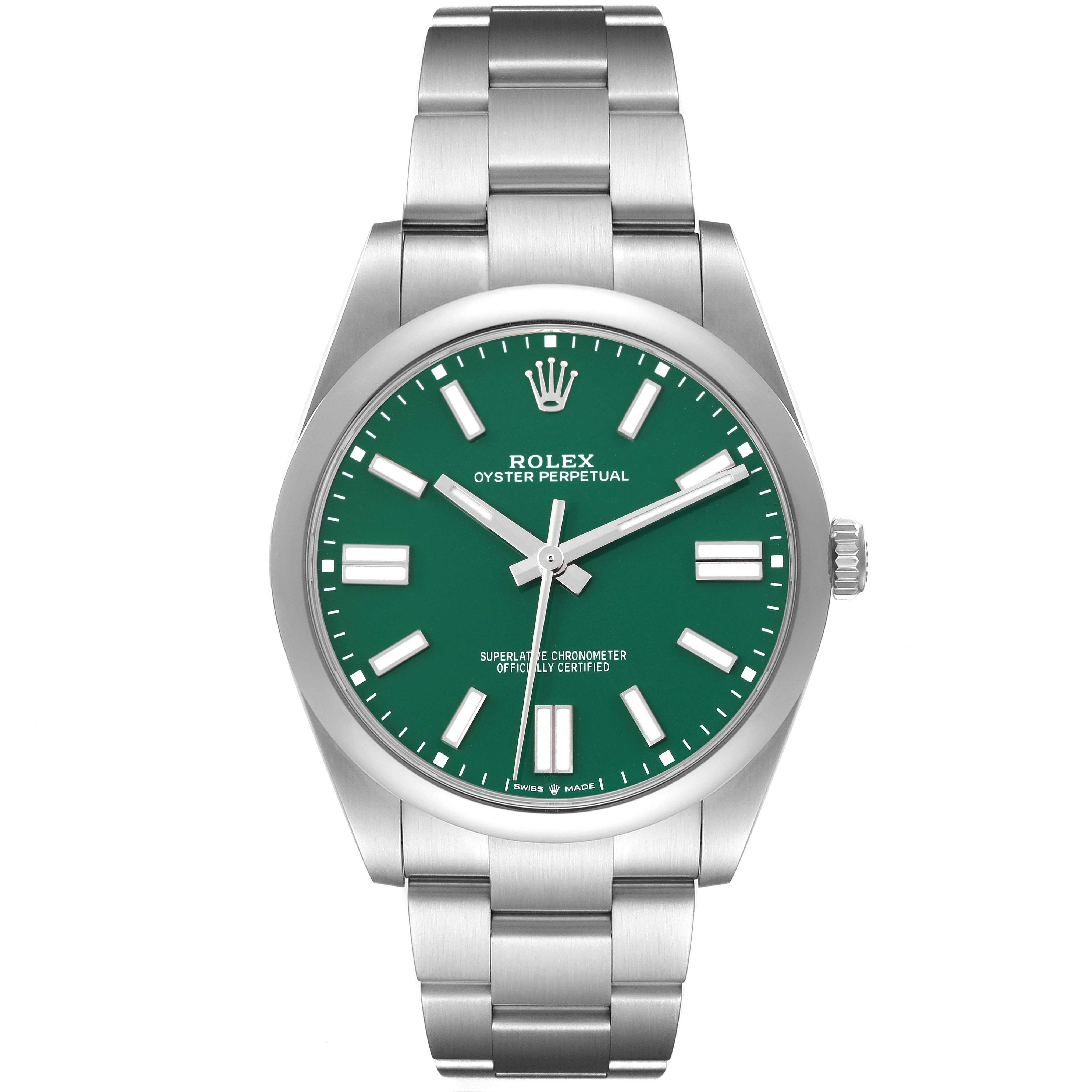 The Rolex Oyster Perpetual 124300 Men's Stainless Steel Green Dial 124300 Men's Stainless Steel Green Dial watch is shown from a front angle, displaying its green dial and stainless steel bracelet.