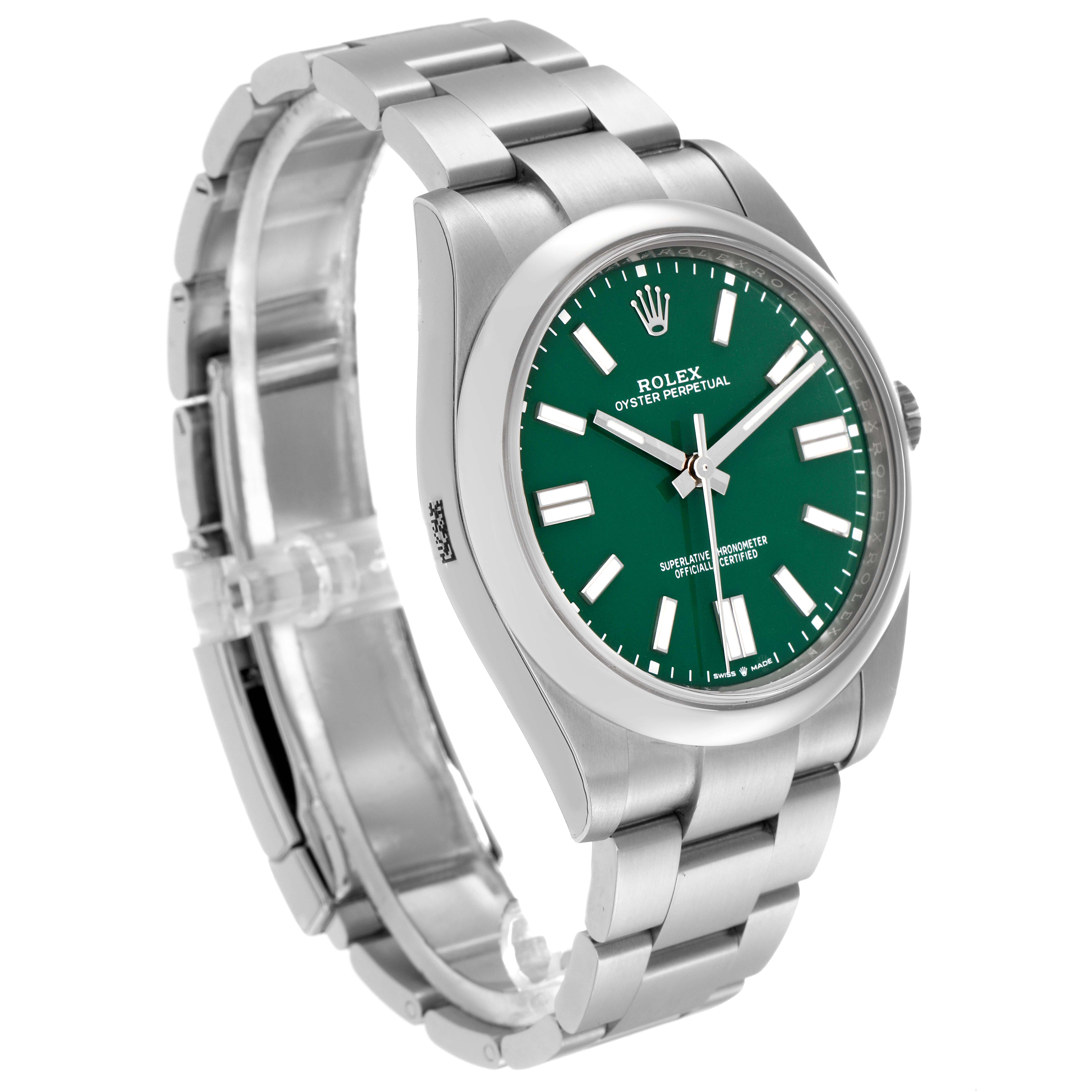 The Rolex Oyster Perpetual 124300 Men's Stainless Steel Green Dial 124300 Men's Stainless Steel Green Dial watch is shown at a slight angle, highlighting the green dial, case, and bracelet.