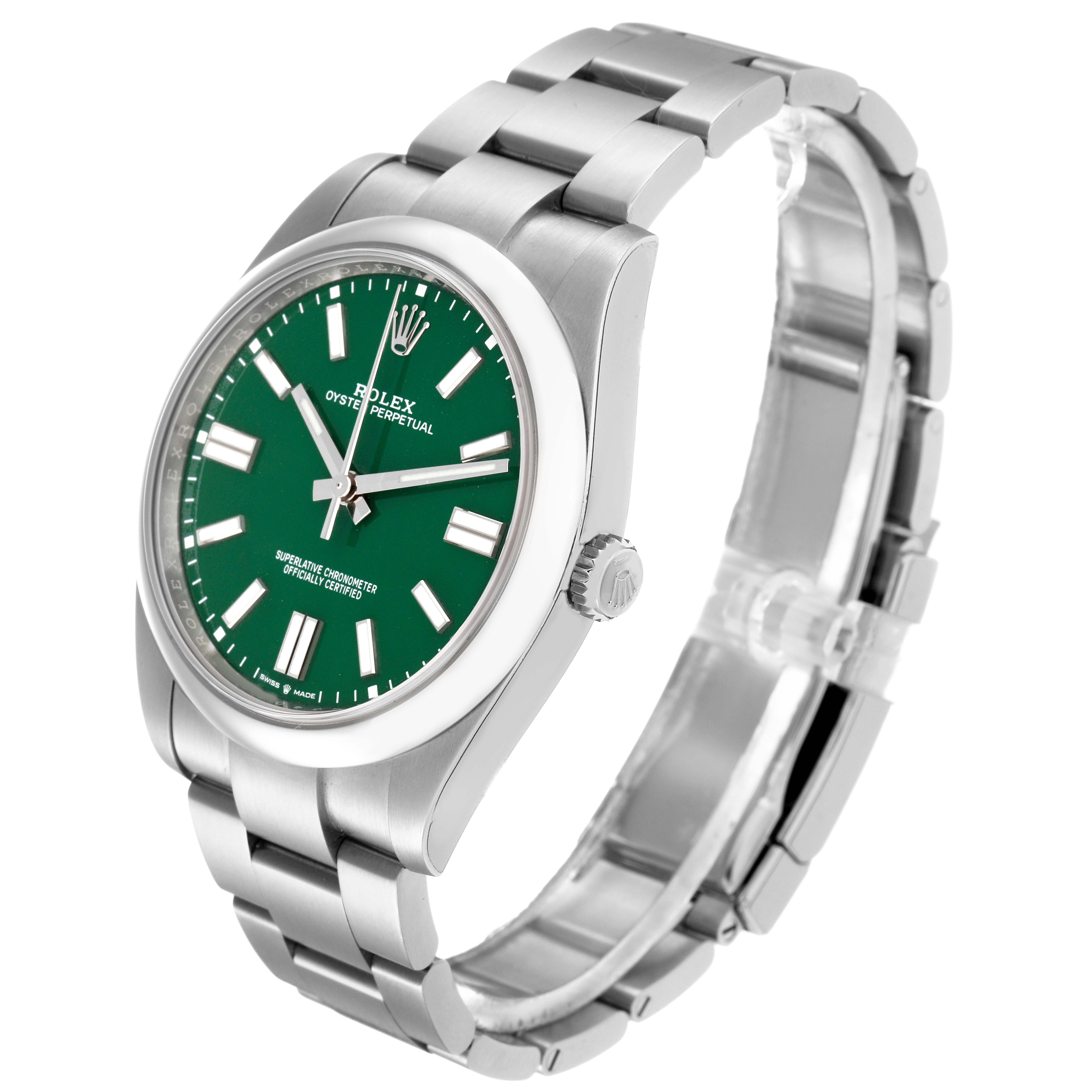 The Rolex Oyster Perpetual 124300 Men's Stainless Steel Green Dial 124300 Men's Stainless Steel Green Dial watch is angled slightly to show the green dial, hands, bracelet, and crown.