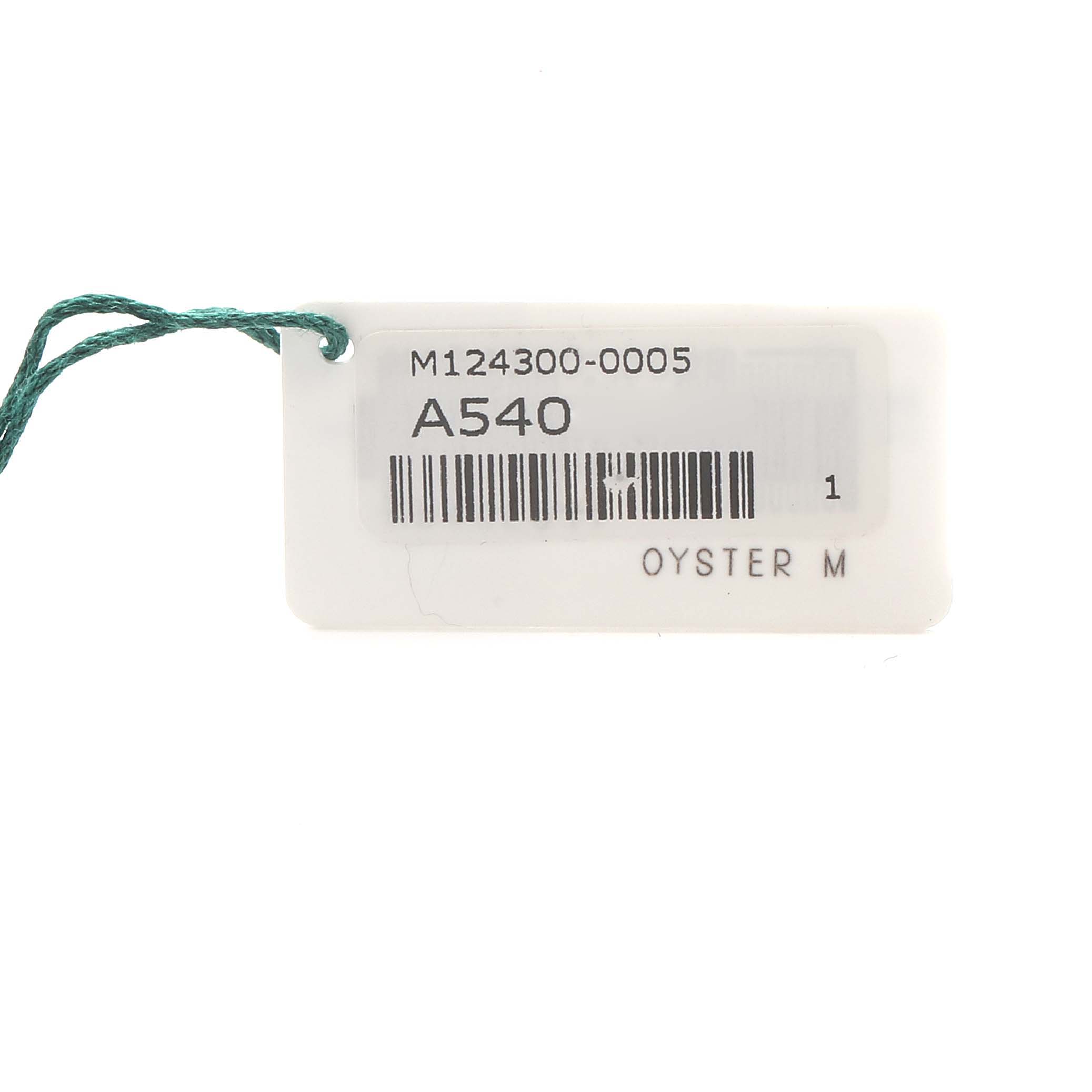 The image shows a tag for a Rolex Oyster Perpetual 124300 Men's Stainless Steel Green Dial 124300 Men's Stainless Steel Green Dial watch with reference number M124300-0005.