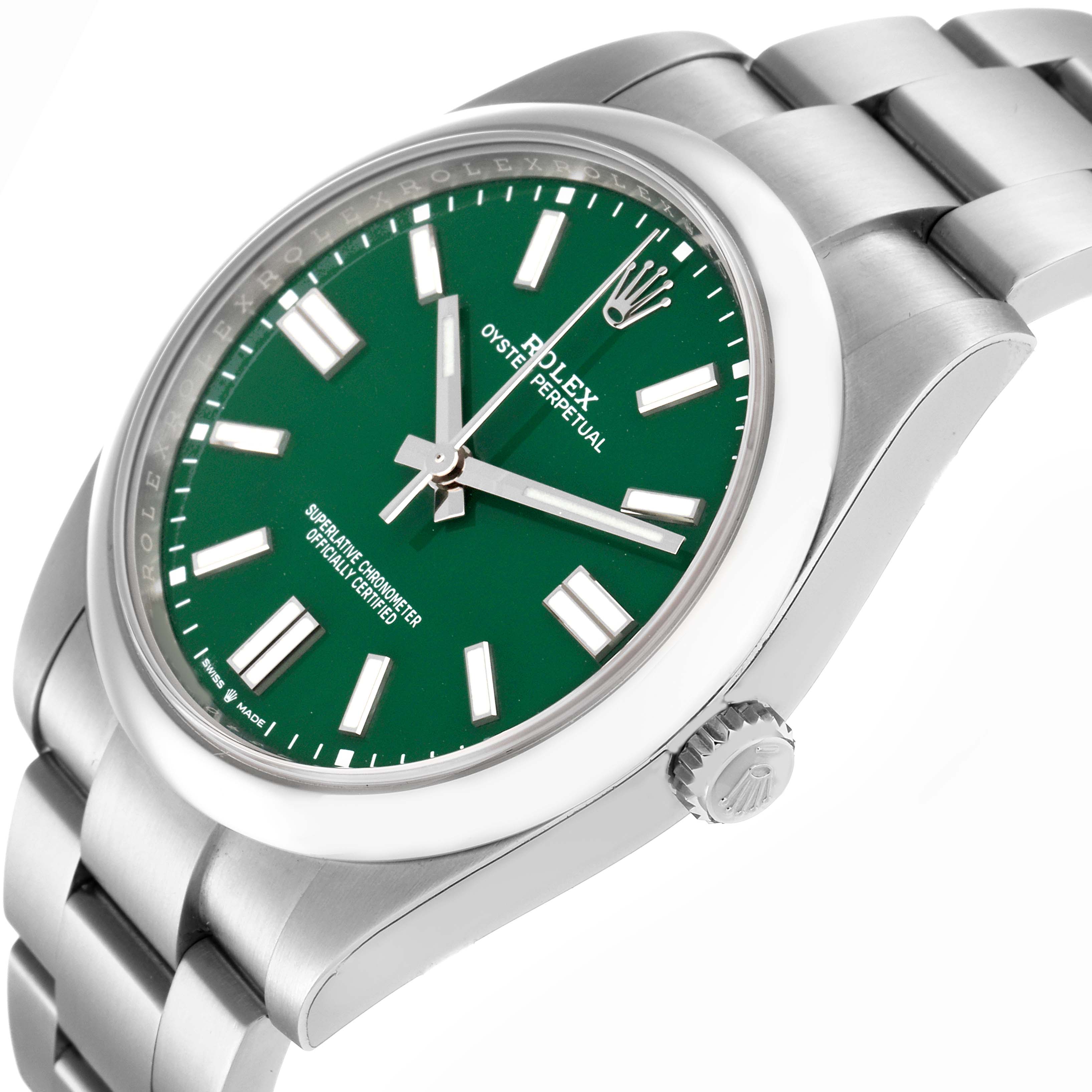 The Rolex Oyster Perpetual 124300 Men's Stainless Steel Green Dial 124300 Men's Stainless Steel Green Dial watch is shown at a tilted angle, highlighting the green dial, bezel, crown, and part of the bracelet.