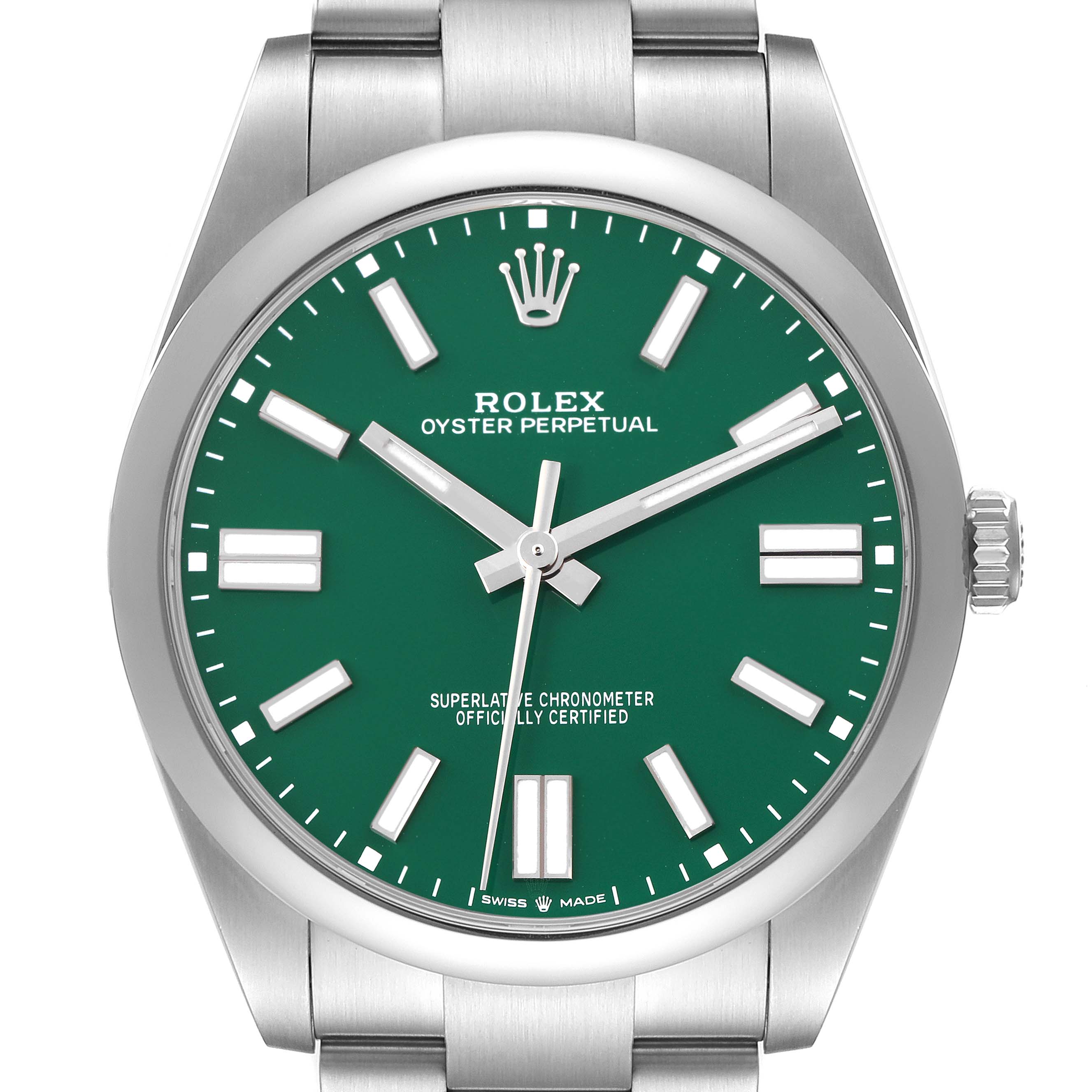 The Rolex Oyster Perpetual 124300 Men's Stainless Steel Green Dial 124300 Men's Stainless Steel Green Dial watch is shown from a front angle, displaying its green dial and stainless steel bracelet.