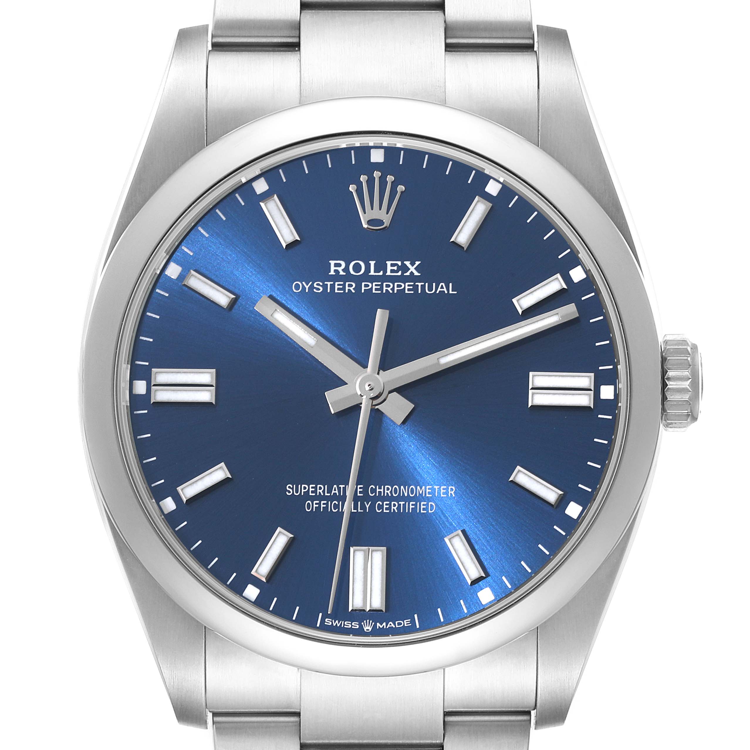 The image shows a front view of the Rolex Oyster Perpetual 126000 Men
s Stainless Steel Blue Dial 126000 Men
s Stainless Steel Blue Dial watch, highlighting its blue dial, hands, indices, and part of the bracelet.