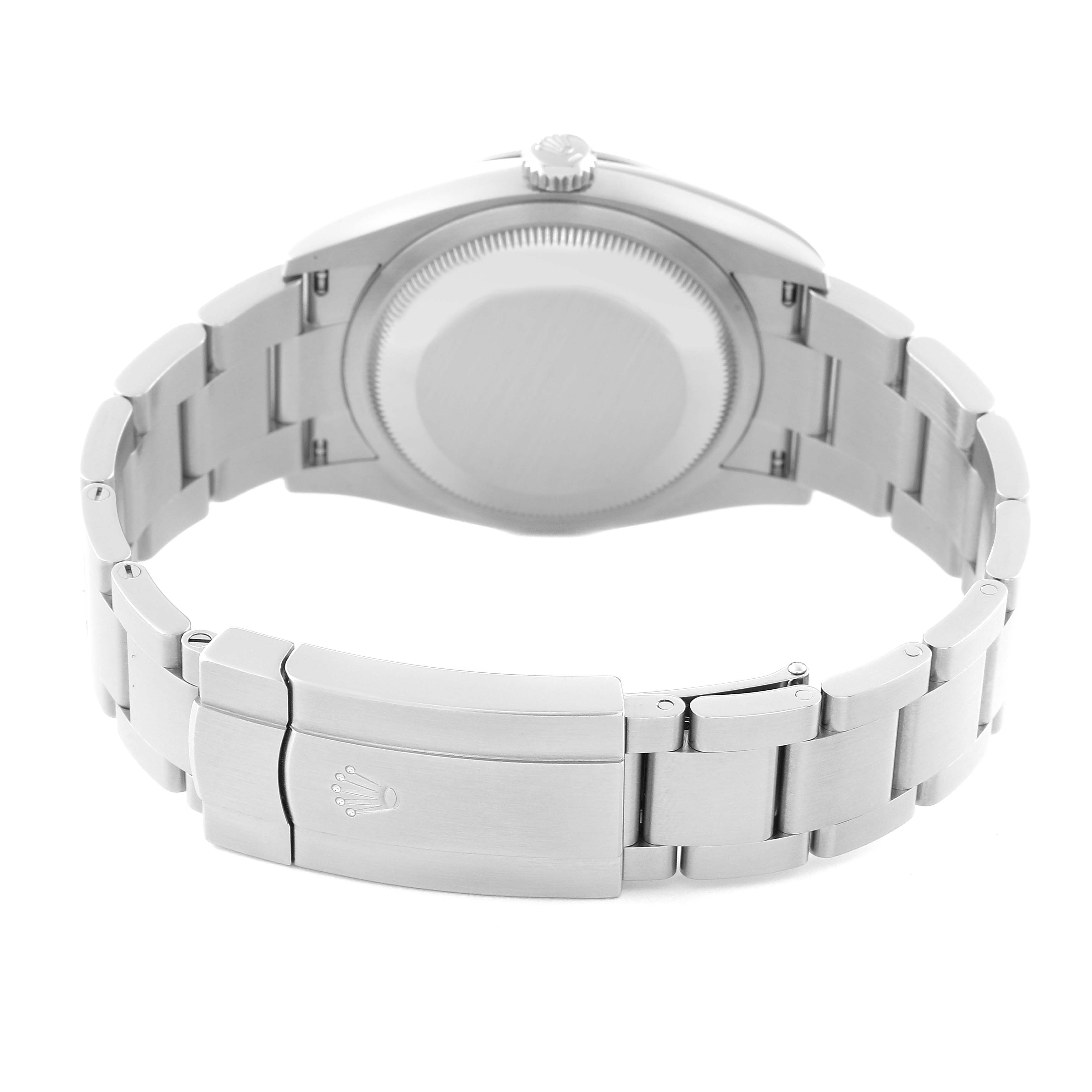 This image shows the back view of the Rolex Oyster Perpetual 126000 Men
s Stainless Steel Blue Dial 126000 Men
s Stainless Steel Blue Dial watch, highlighting the caseback and clasped bracelet.