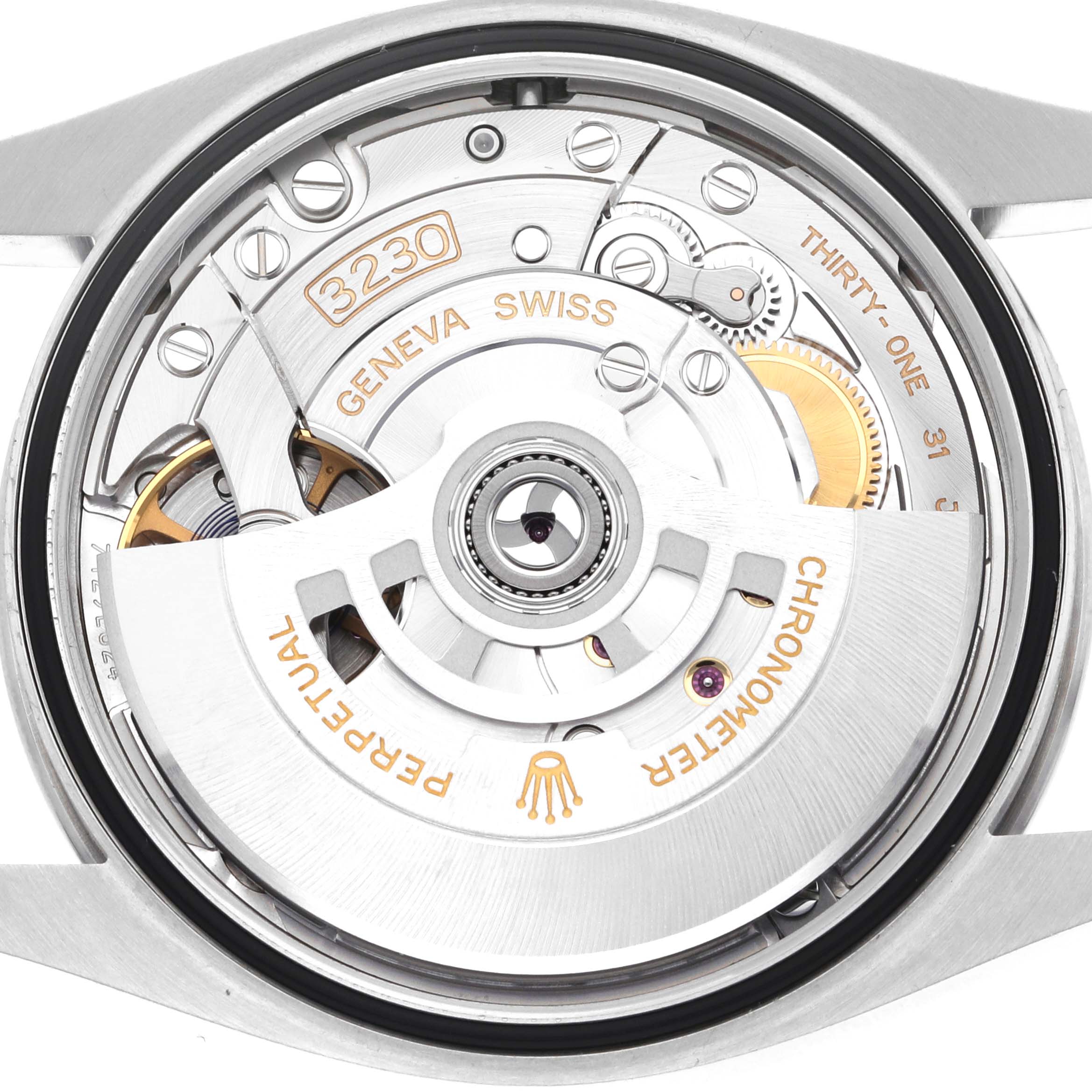 This image shows the back view of the Rolex Oyster Perpetual 126000 Men
s Stainless Steel Blue Dial 126000 Men
s Stainless Steel Blue Dial watch, highlighting its intricate movement and internal mechanics.