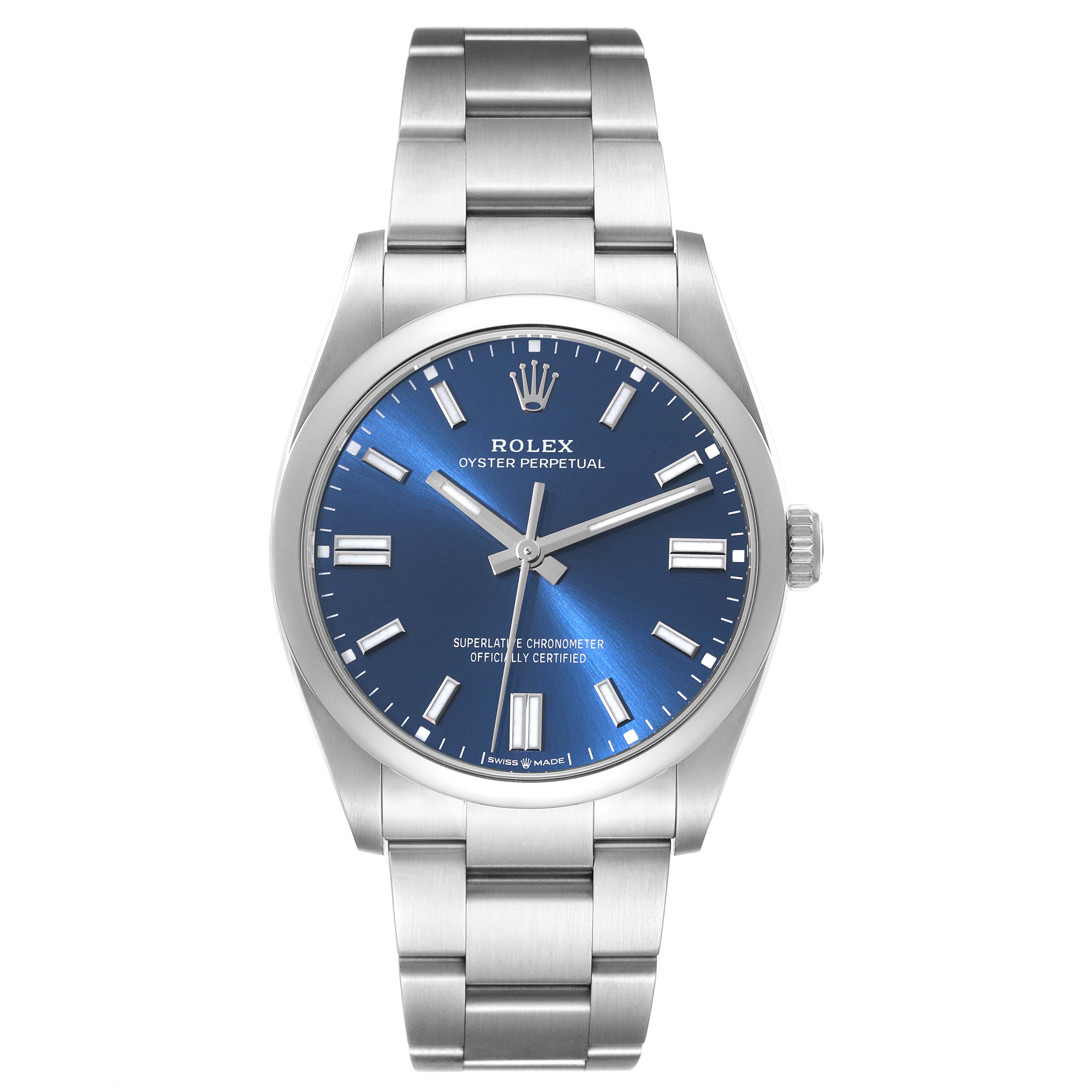 This image shows a front view of a Rolex Oyster Perpetual 126000 Men
s Stainless Steel Blue Dial 126000 Men
s Stainless Steel Blue Dial watch with a blue dial and stainless steel bracelet.