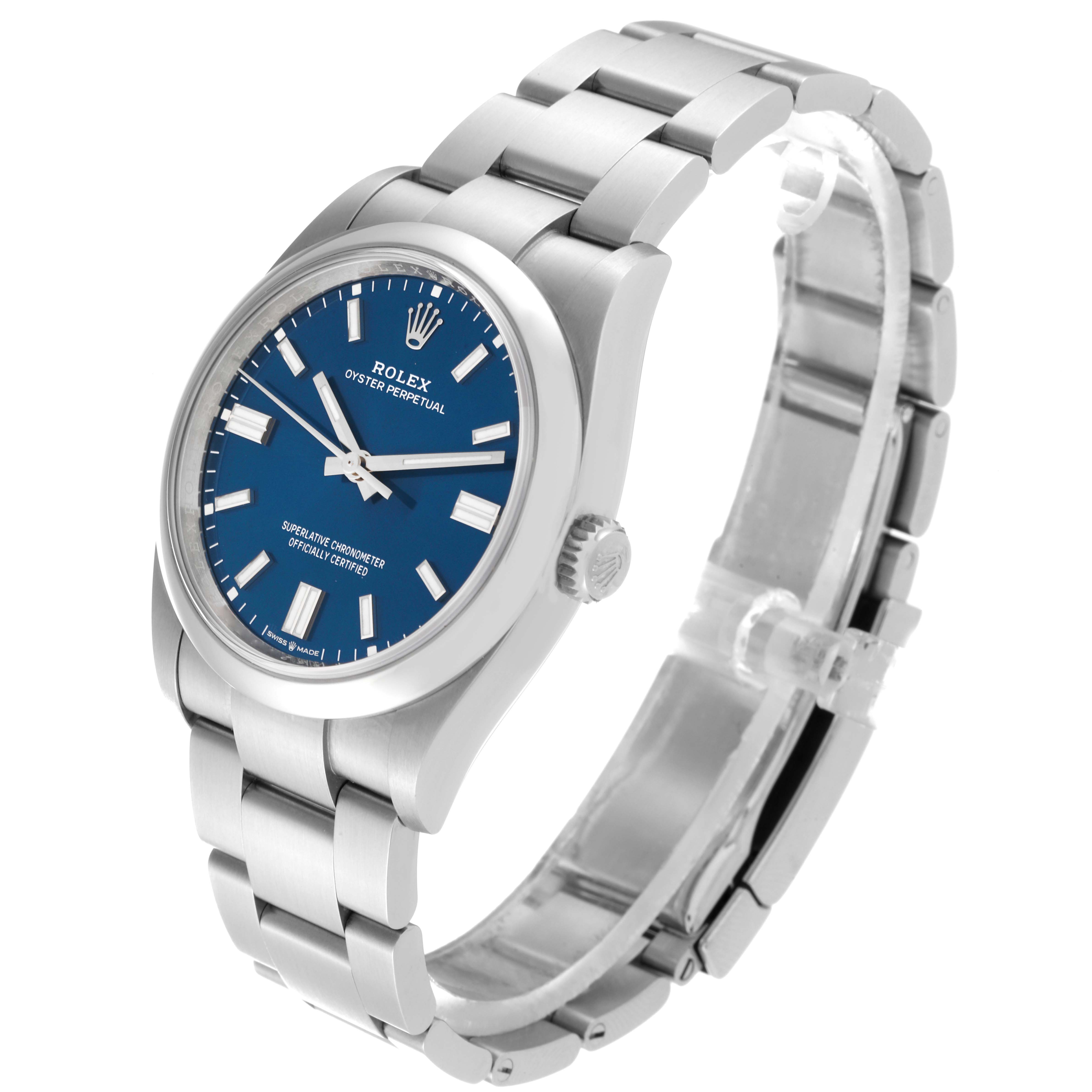 The image shows a Rolex Oyster Perpetual 126000 Men
s Stainless Steel Blue Dial 126000 Men
s Stainless Steel Blue Dial watch at a slight side angle, highlighting its blue dial, crown, and metal bracelet.