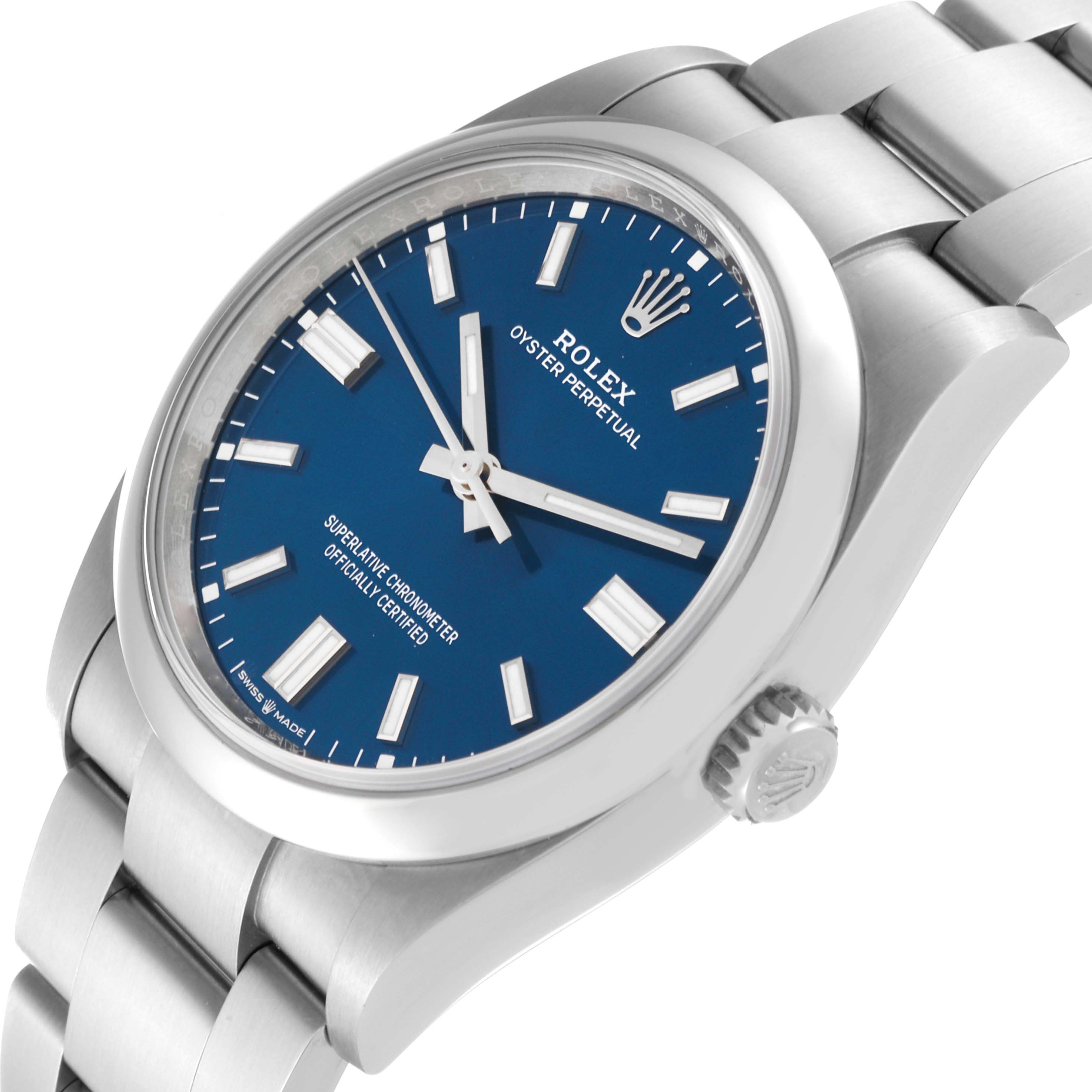 The image shows a close-up angle of a Rolex Oyster Perpetual 126000 Men
s Stainless Steel Blue Dial 126000 Men
s Stainless Steel Blue Dial watch, focusing on the blue dial, crown, and part of the bracelet.