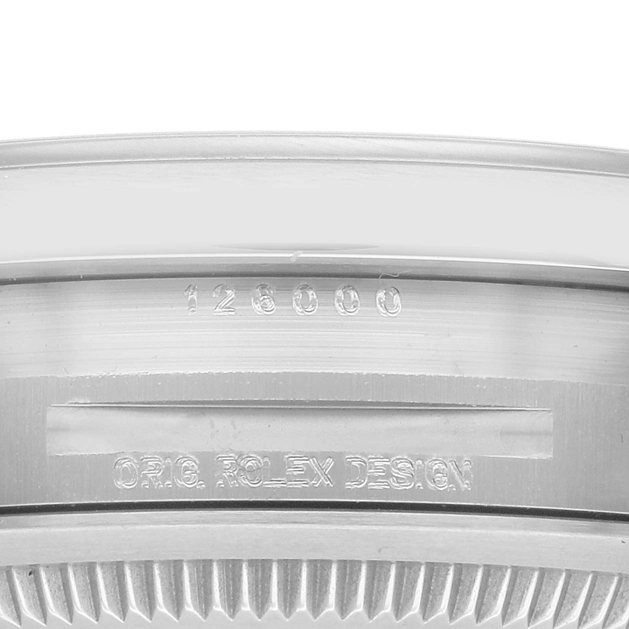 This image shows a close-up of the case side of the Rolex Oyster Perpetual 126000 Men
s Stainless Steel Blue Dial 126000 Men
s Stainless Steel Blue Dial, featuring the engraved model number and "ORIG ROLEX DESIGN" text.