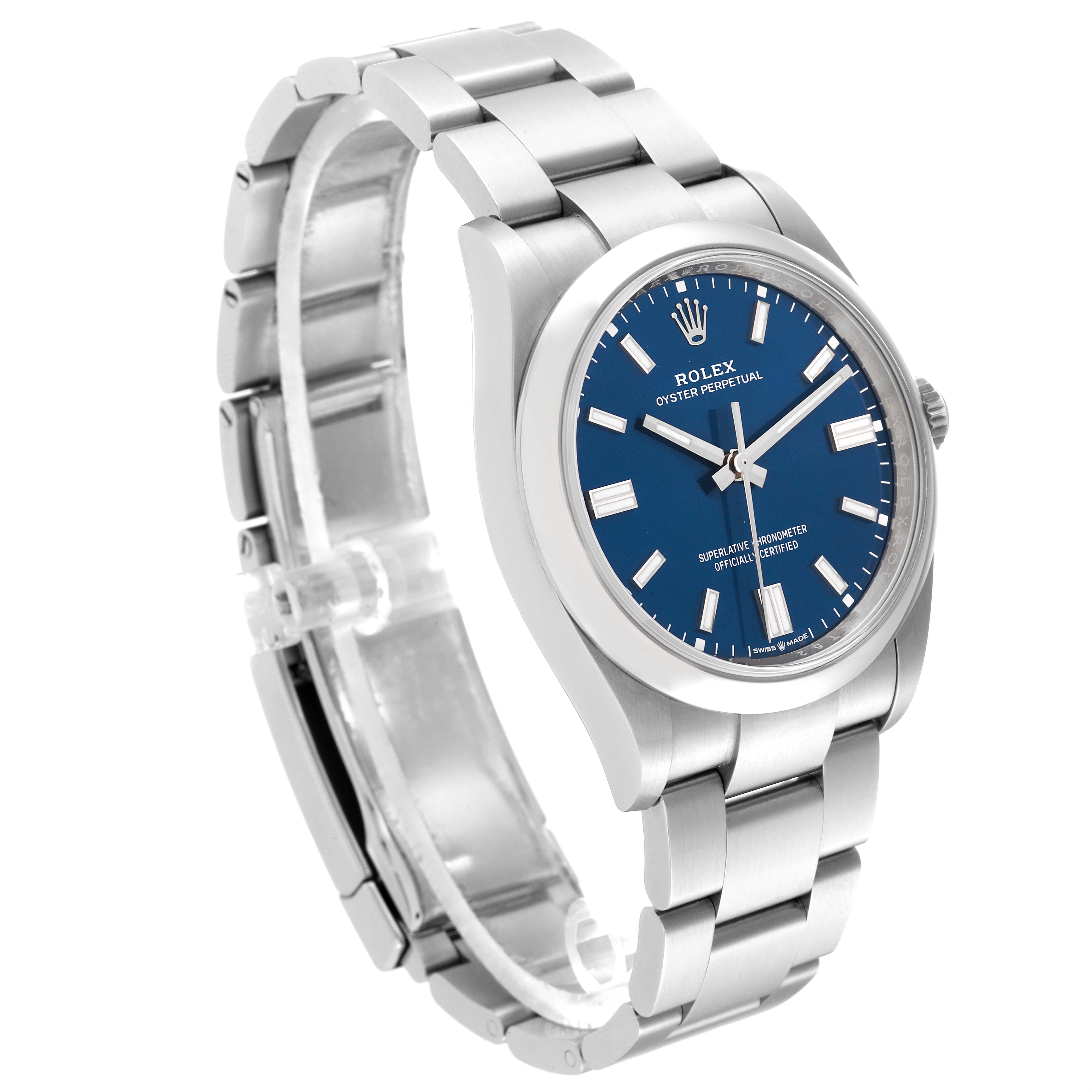 The Rolex Oyster Perpetual 126000 Men
s Stainless Steel Blue Dial 126000 Men
s Stainless Steel Blue Dial watch is shown at a slight angle, displaying its blue dial and stainless steel bracelet.