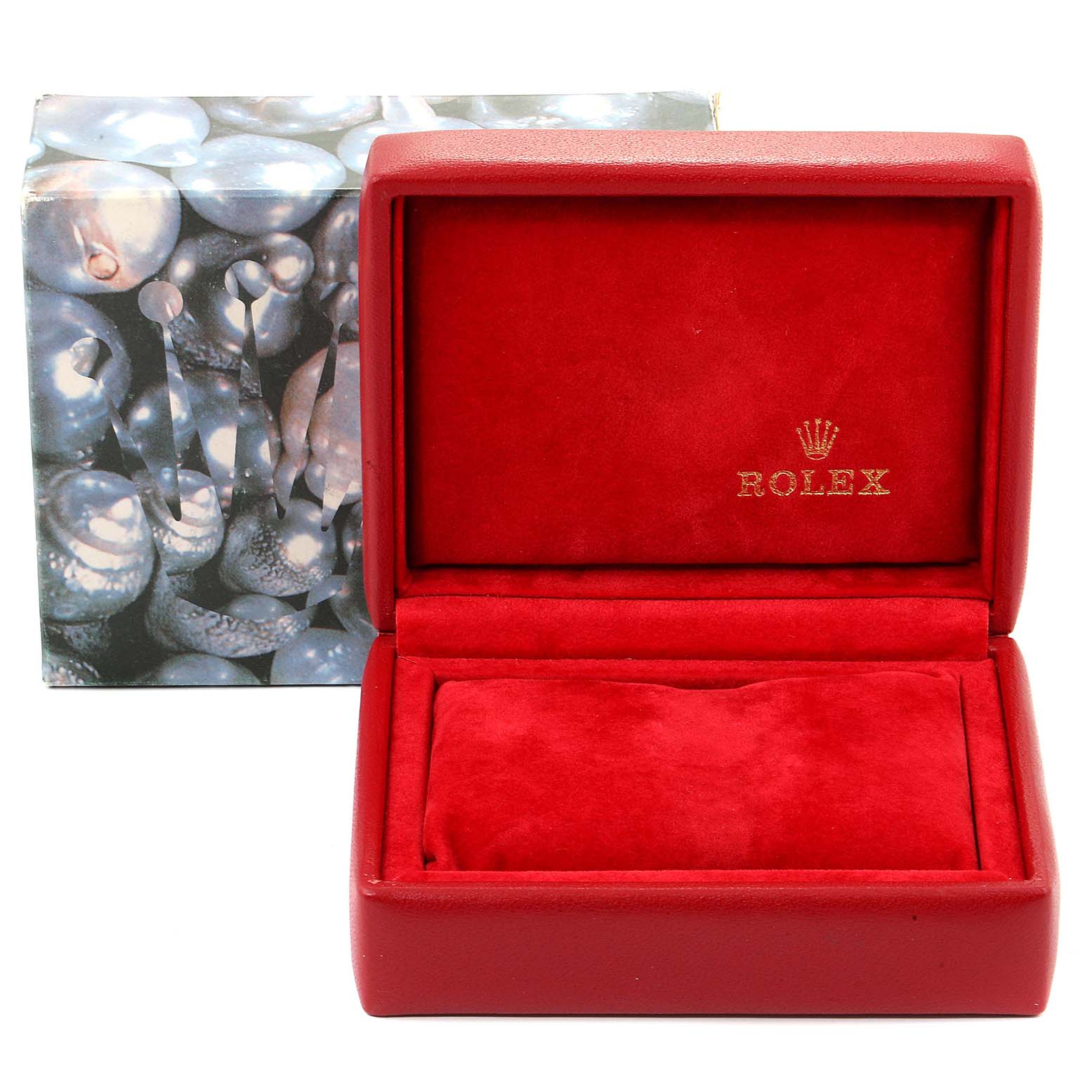 The image shows an open red box for the Rolex Oyster Perpetual 76094 Women's Stainless Steel Pink Dial 76094 Women's Stainless Steel Pink Dial watch with brand markings visible inside.