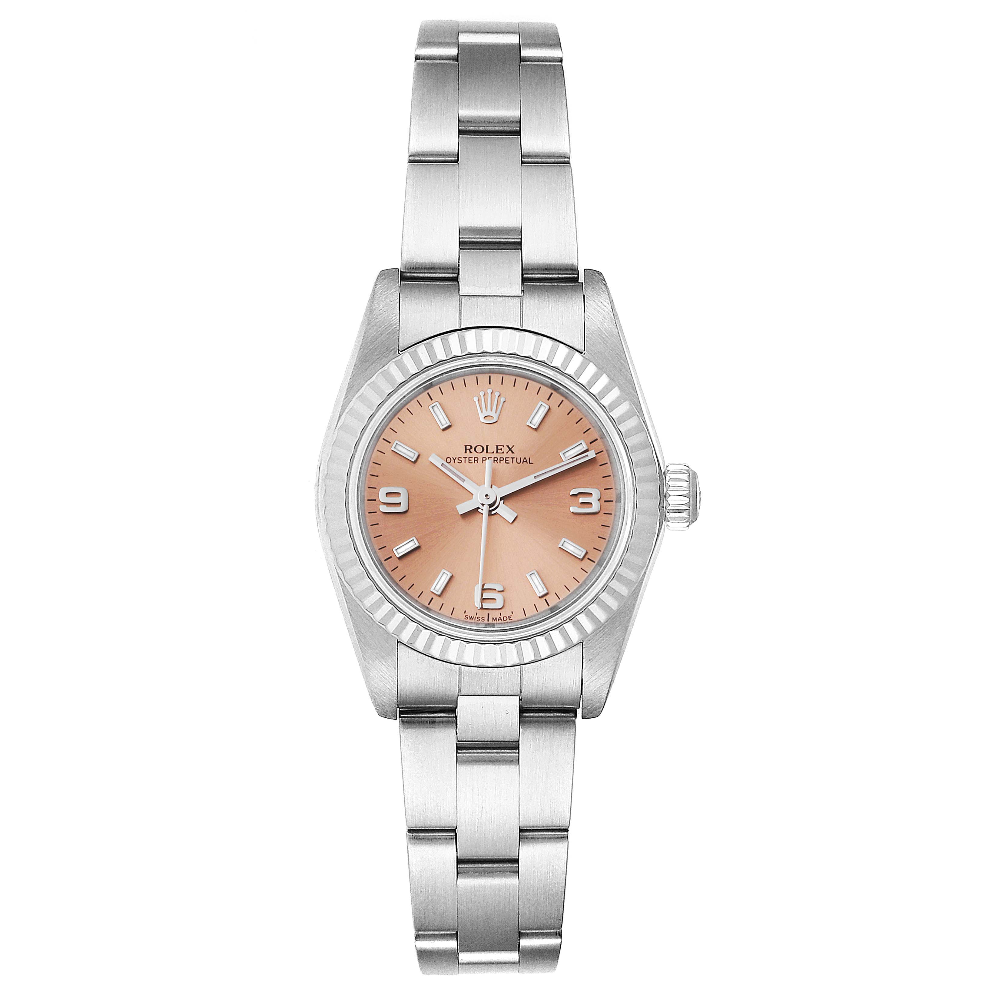 This is a front view of a Rolex Oyster Perpetual 76094 Women's Stainless Steel Pink Dial 76094 Women's Stainless Steel Pink Dial watch, showing its face, bezel, and bracelet.