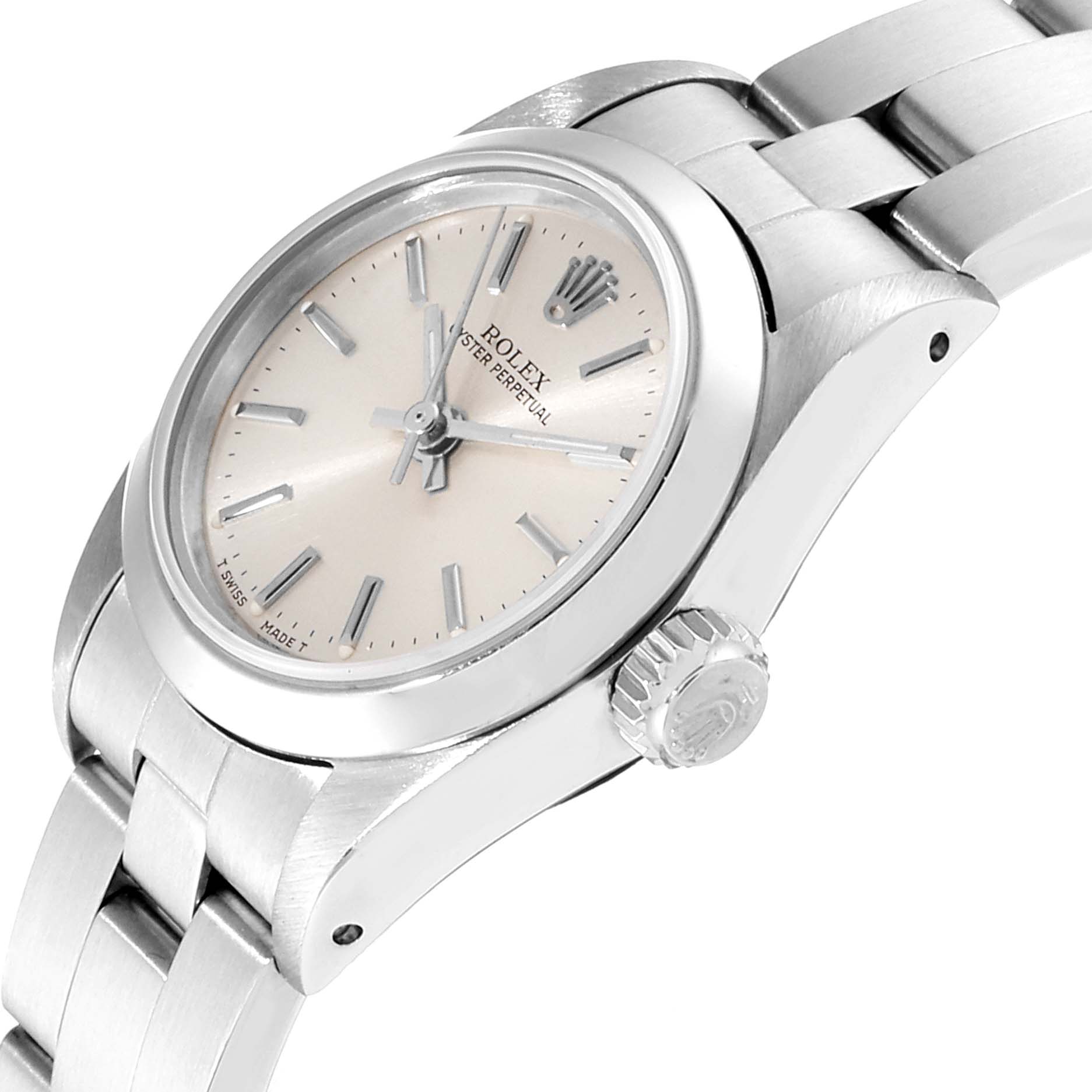 This image shows a close-up angle of the Rolex Oyster Perpetual 67180 Women's Stainless Steel Silver Dial 67180 Women's Stainless Steel Silver Dial watch, highlighting the dial, crown, and stainless steel bracelet.