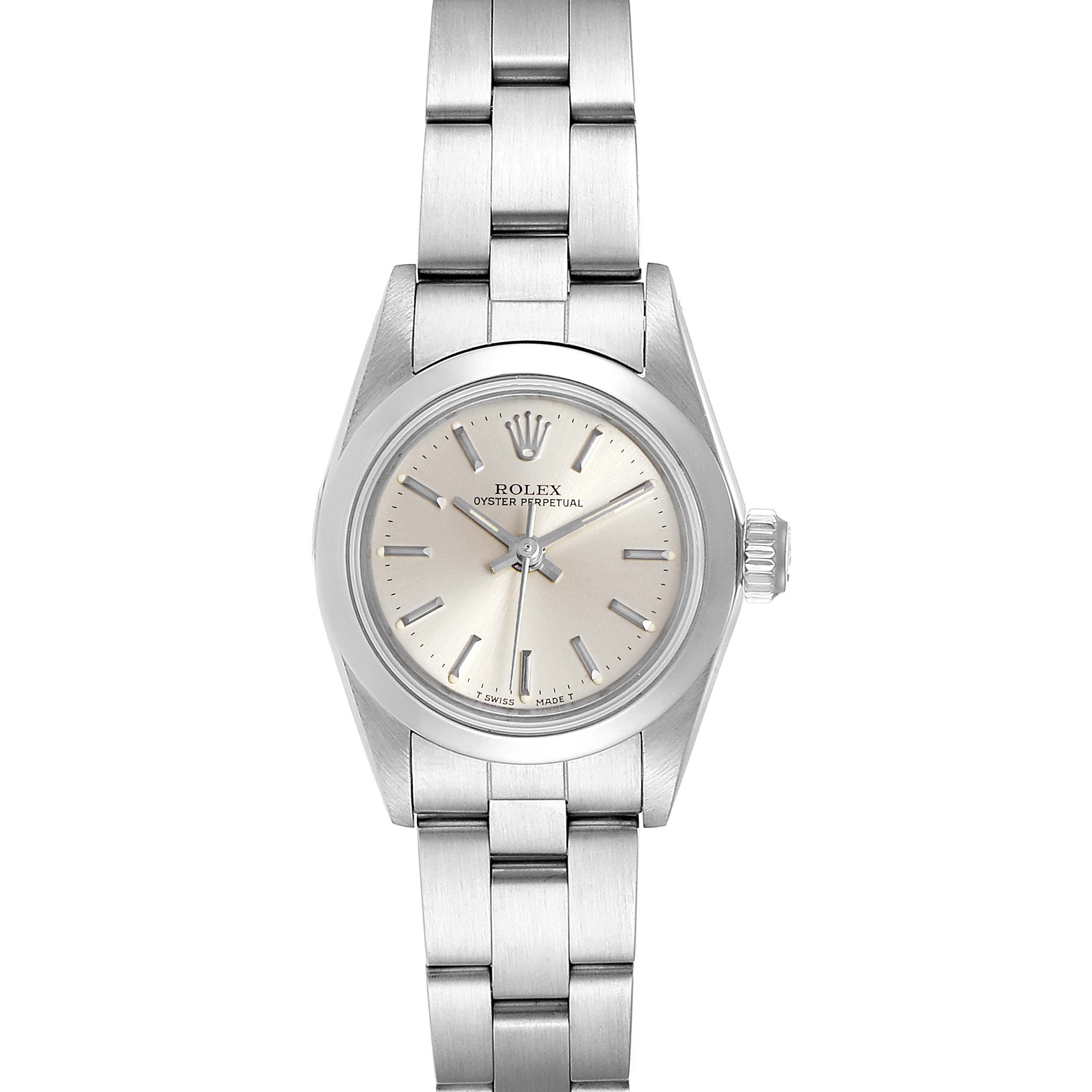 This image shows a front view of the Rolex Oyster Perpetual 67180 Women's Stainless Steel Silver Dial 67180 Women's Stainless Steel Silver Dial watch, displaying its dial, case, and bracelet.