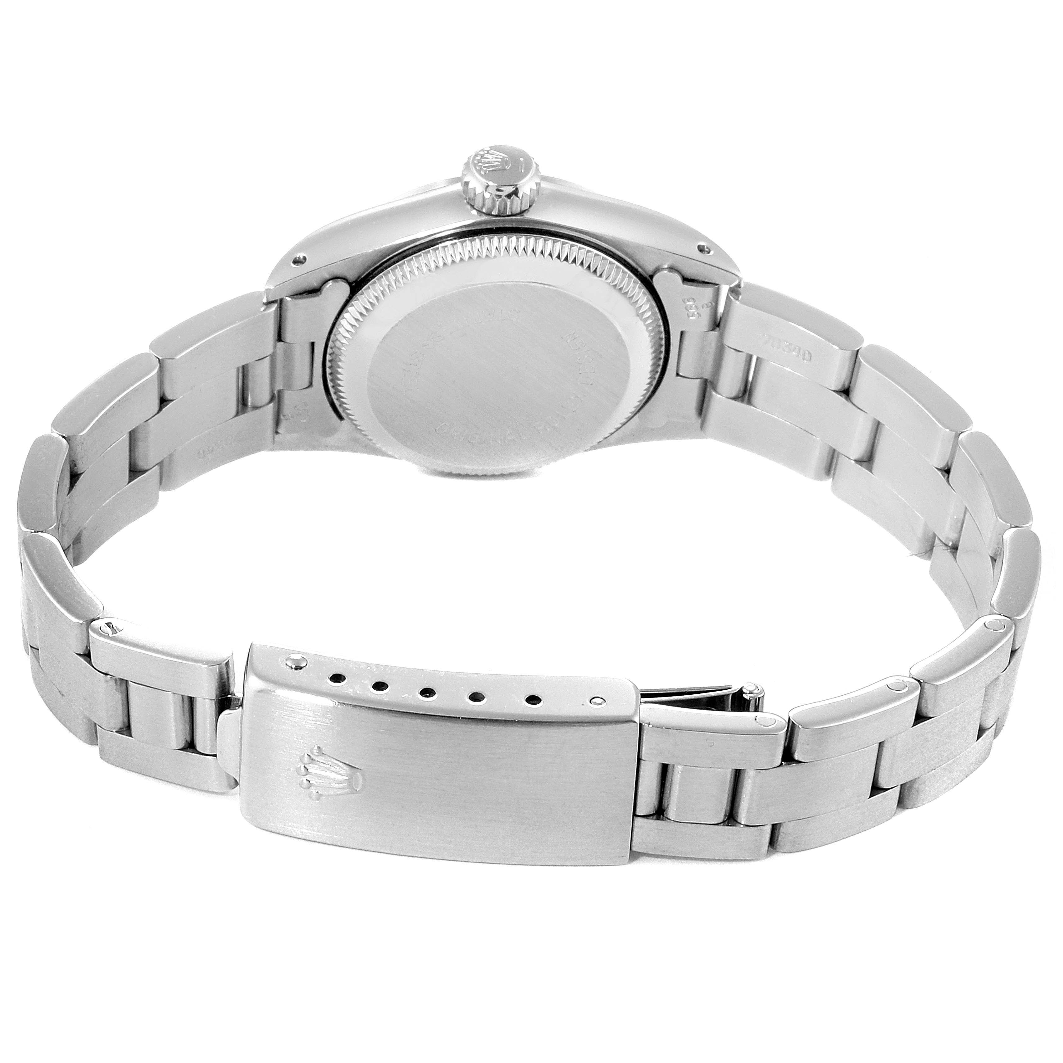 The image shows the back case and stainless steel bracelet of the Rolex Oyster Perpetual 67180 Women's Stainless Steel Silver Dial 67180 Women's Stainless Steel Silver Dial watch, including the clasp.