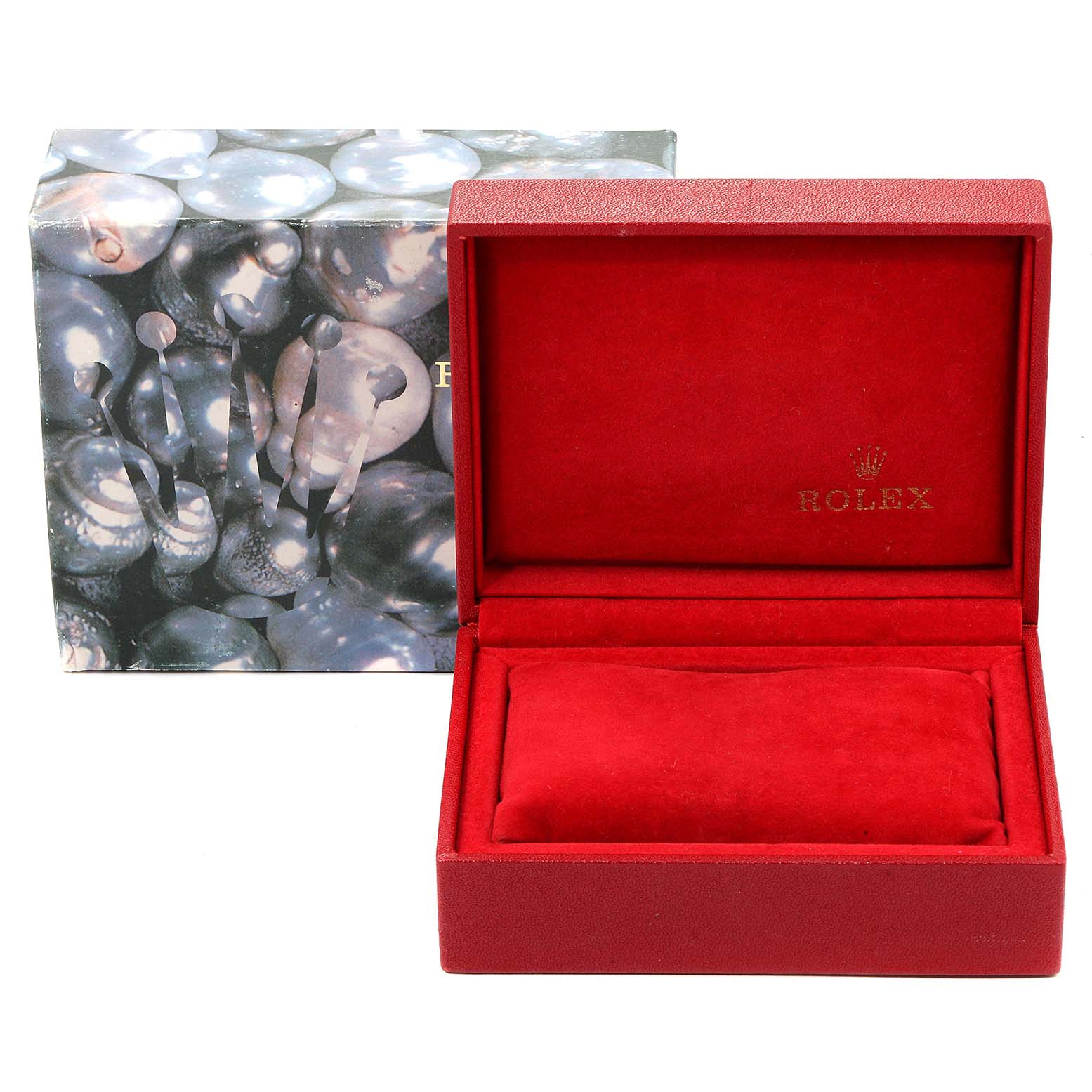 The image shows an empty red box for a Rolex Oyster Perpetual 76094 Women's Stainless Steel Silver Dial 76094 Women's Stainless Steel Silver Dial watch at eye level, with upholstery and the brand logo visible.