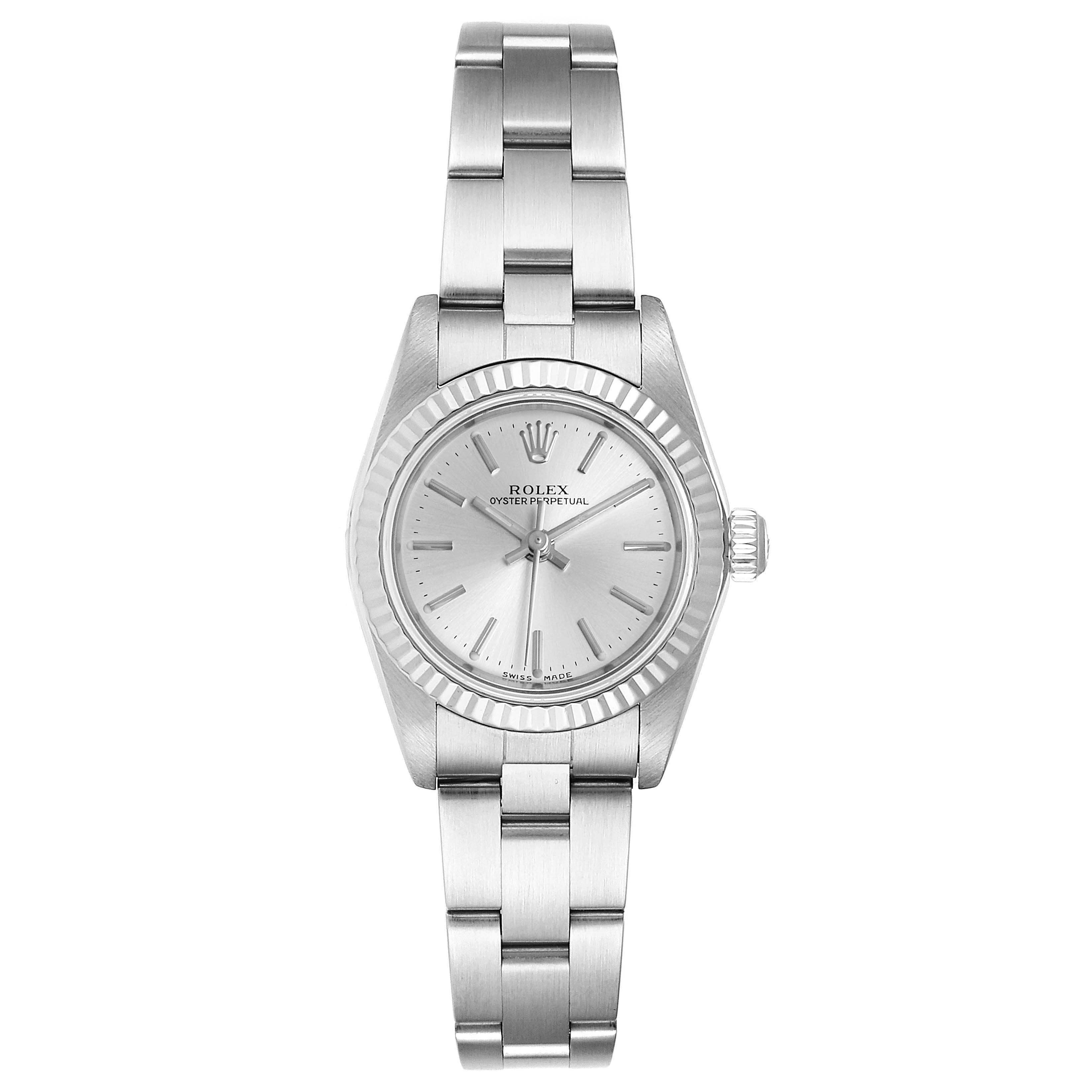 The image shows a front view of a Rolex Oyster Perpetual 76094 Women's Stainless Steel Silver Dial 76094 Women's Stainless Steel Silver Dial watch, highlighting its dial, bezel, and bracelet.