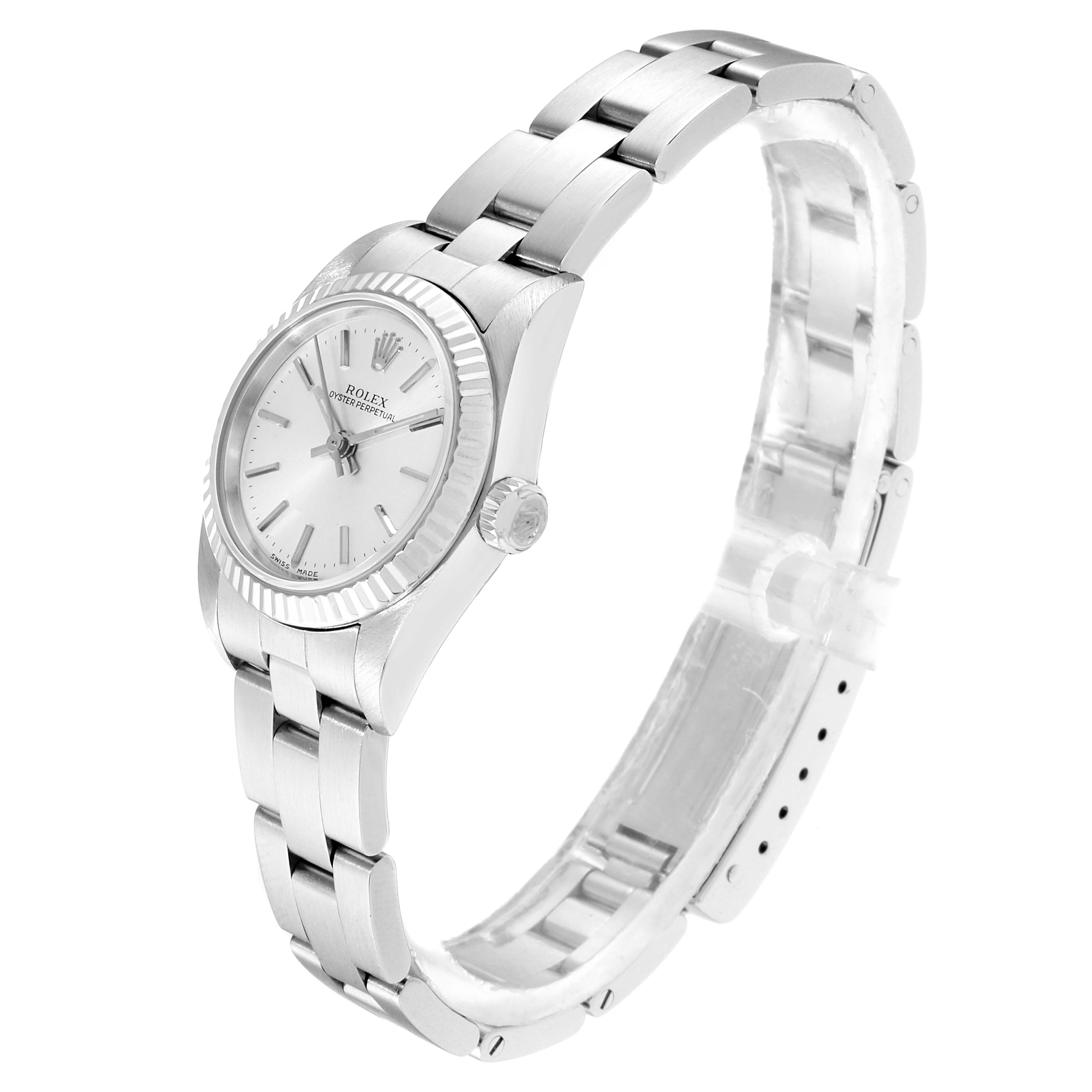 The image shows a Rolex Oyster Perpetual 76094 Women's Stainless Steel Silver Dial 76094 Women's Stainless Steel Silver Dial watch angled to display its side profile, bracelet, and dial.