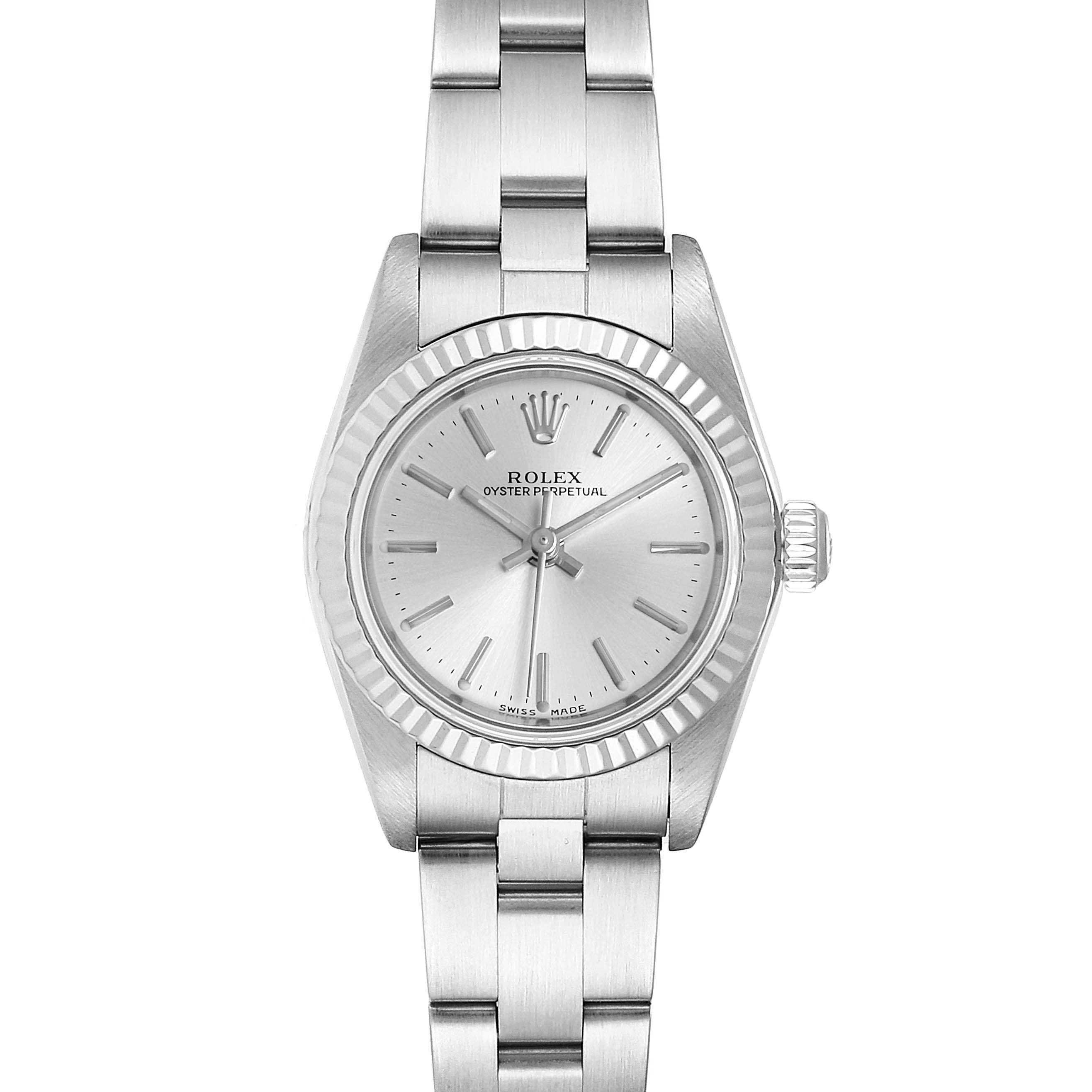 The image shows a front view of the Rolex Oyster Perpetual 76094 Women's Stainless Steel Silver Dial 76094 Women's Stainless Steel Silver Dial watch, displaying its dial, bezel, and stainless steel bracelet.