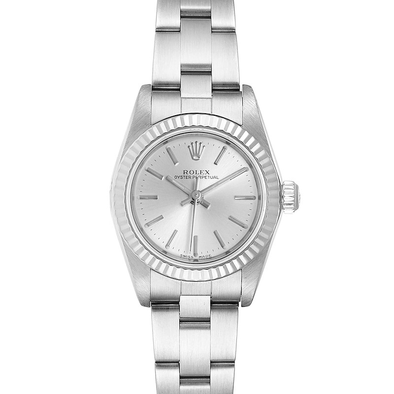 Rolex Oyster Perpetual Steel White Gold Silver Dial Ladies Watch 76094 SwissWatchExpo
