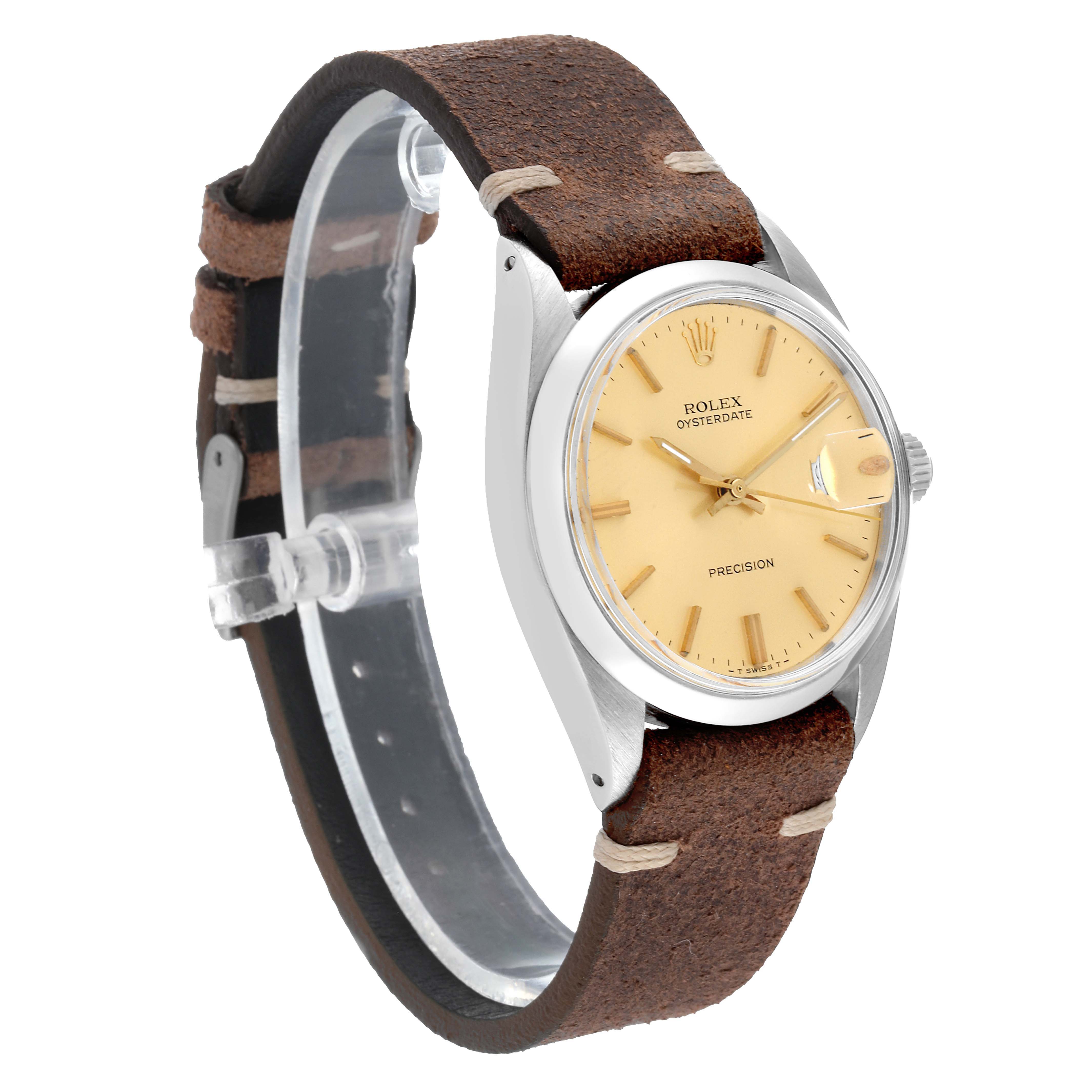 The Rolex Vintage Collection 6694 Men's Stainless Steel Champagne Dial 6694 Men's Stainless Steel Champagne Dial model watch is shown at an angle, displaying the face, bezel, crown, and brown leather strap.