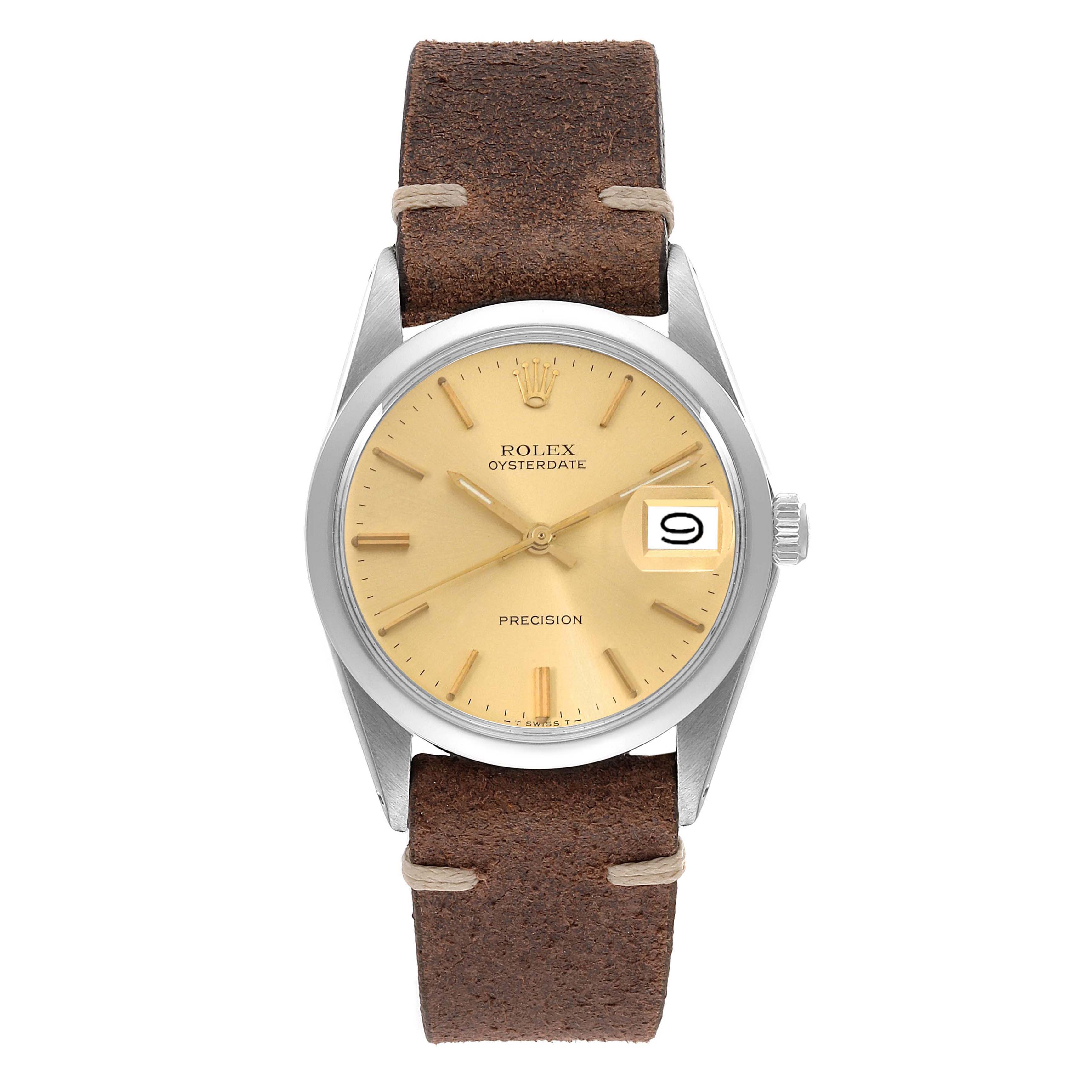 This is a front view of the Rolex Vintage Collection 6694 Men's Stainless Steel Champagne Dial 6694 Men's Stainless Steel Champagne Dial watch, showcasing the dial, case, and leather strap.
