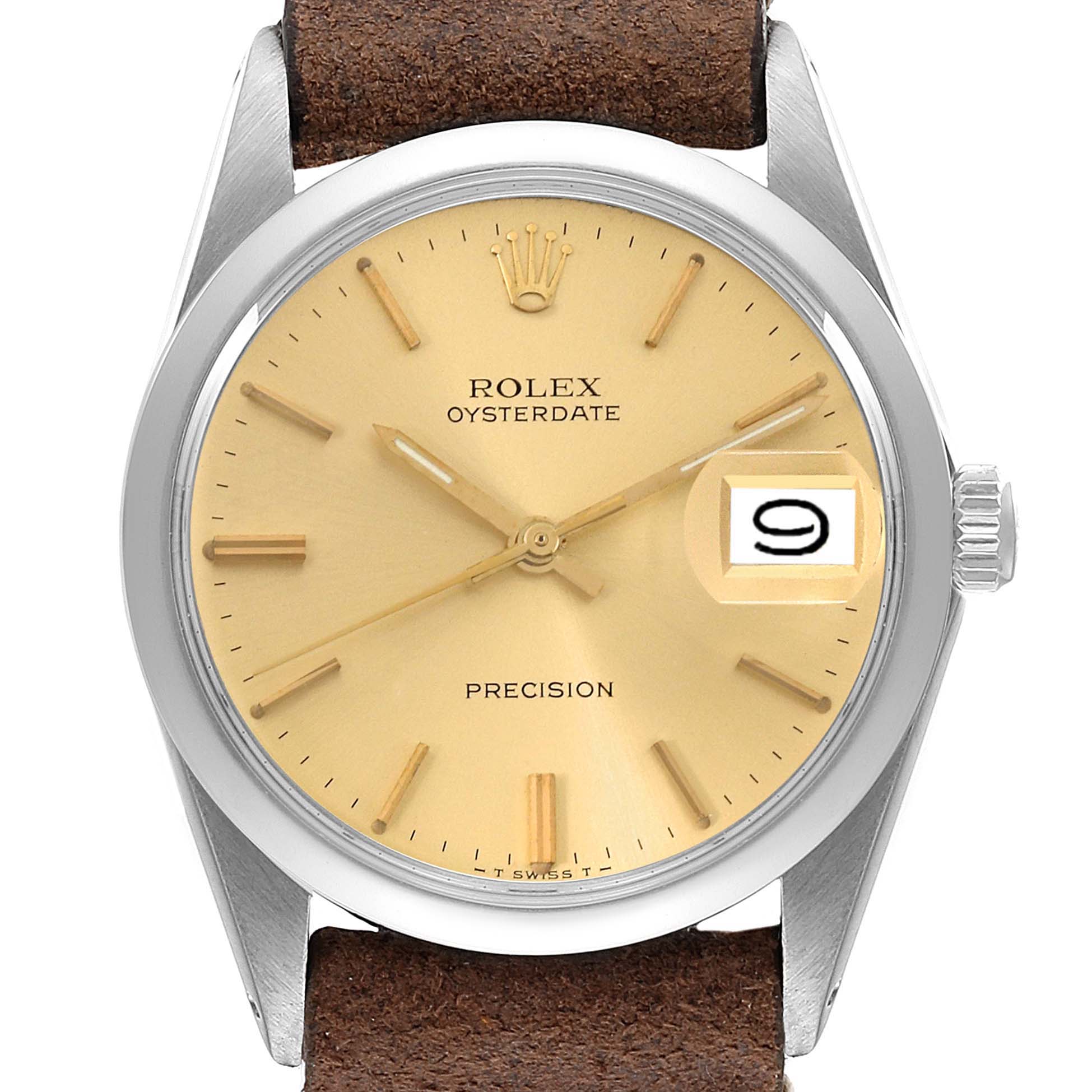 The image shows a front view of a Rolex Oceandate Precision Vintage Collection watch, highlighting the dial, crown, and part of the leather strap.