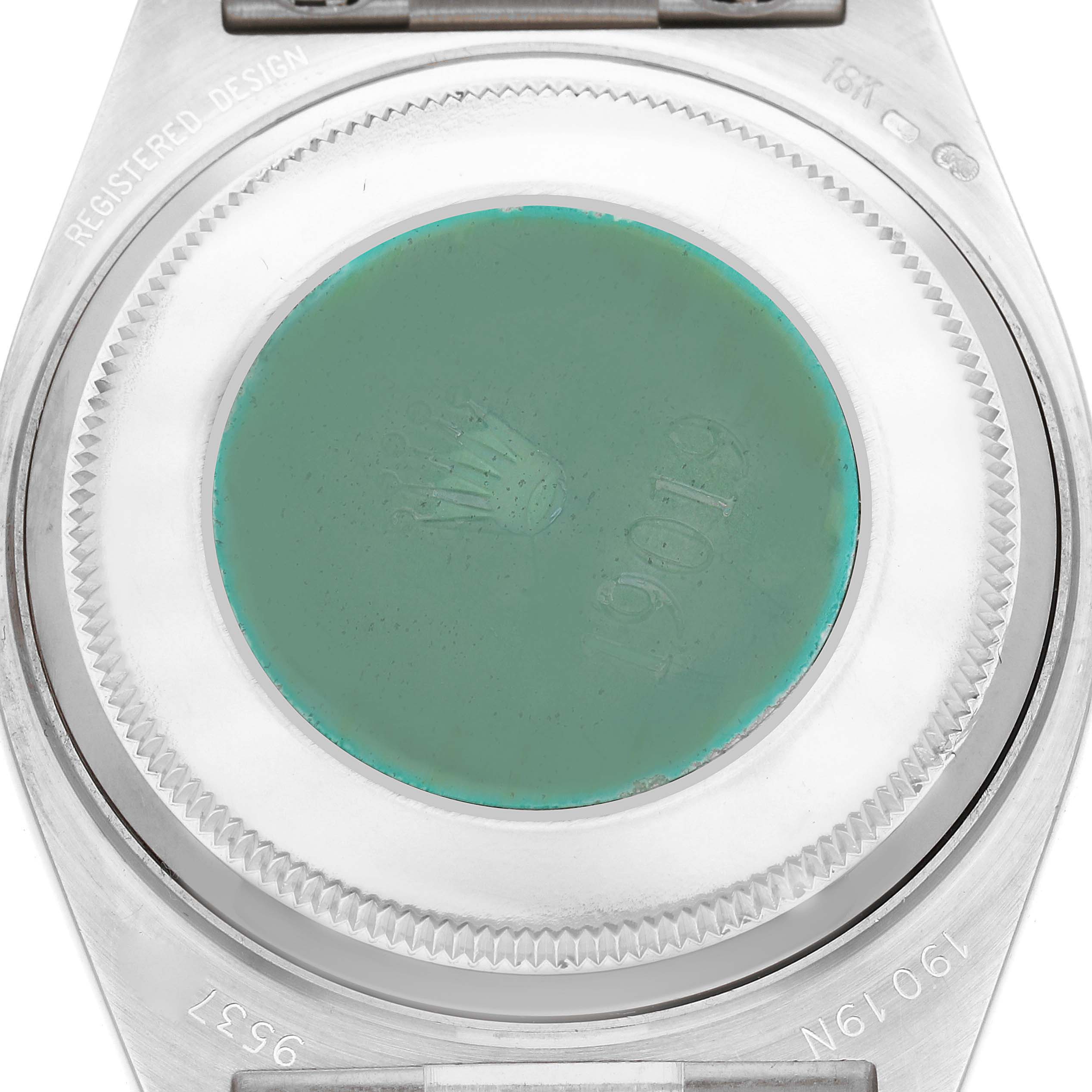 The image shows the back of a Rolex Oysterquartz 19091 Men's White Gold Silver Dial 19091 Men's White Gold Silver Dial watch, highlighting the case back and surrounding details.