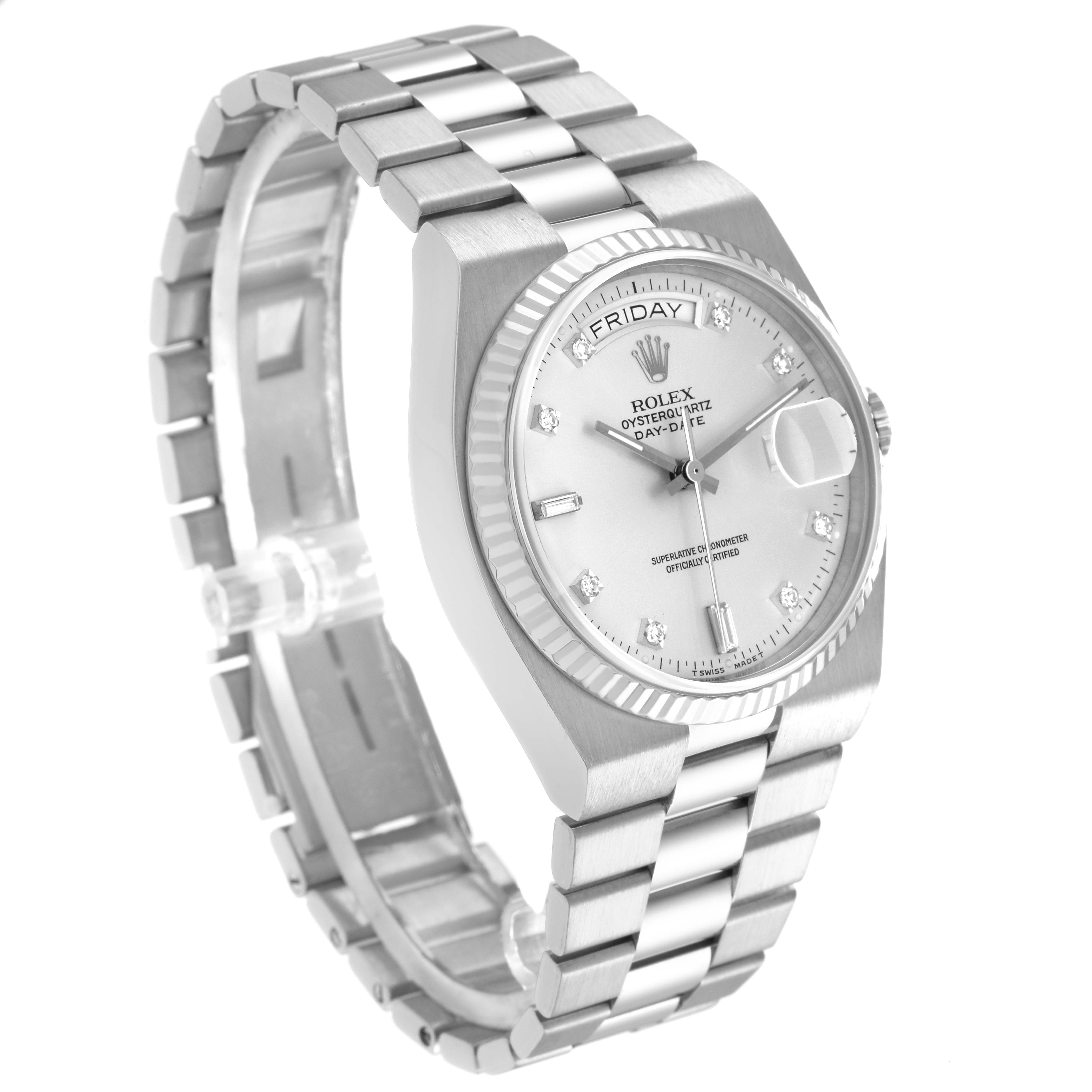 The Rolex Oysterquartz 19091 Men's White Gold Silver Dial 19091 Men's White Gold Silver Dial watch is shown at a three-quarter angle, displaying its face, bezel, crown, and bracelet.