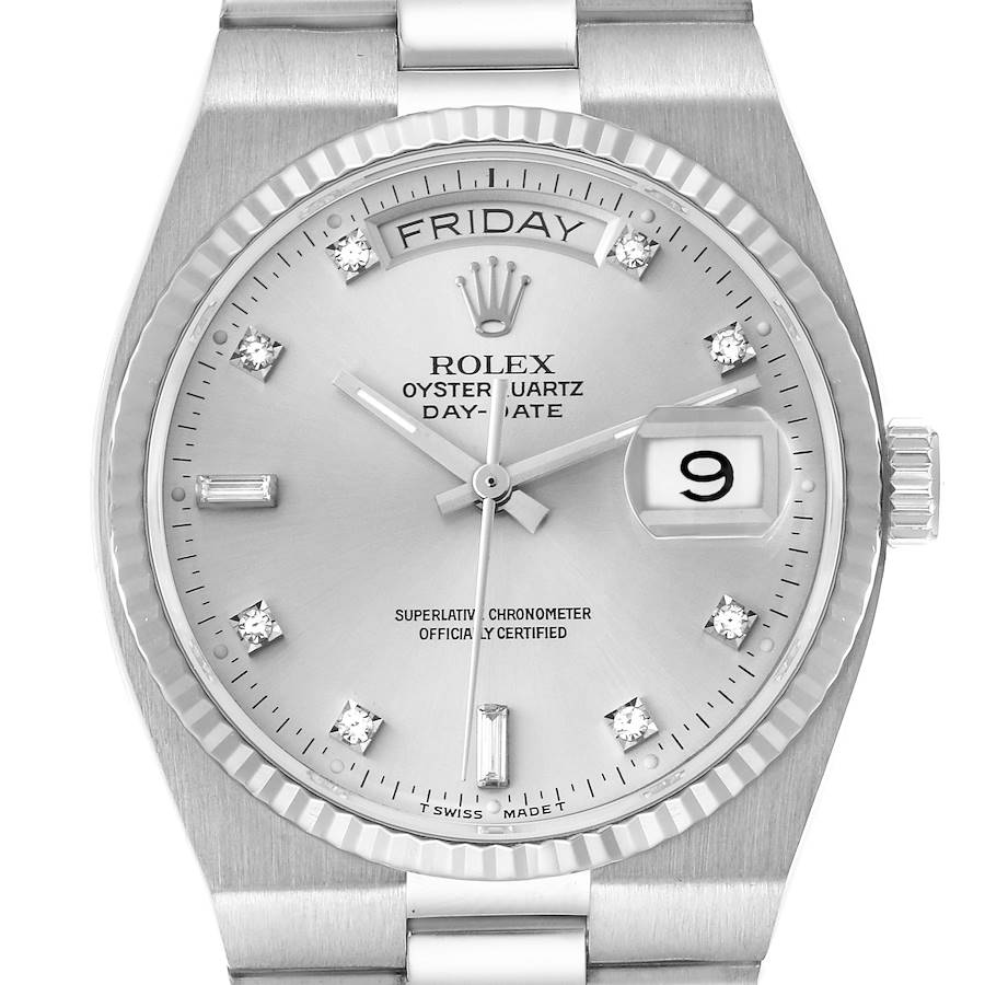 The Rolex Oysterquartz watch is shown from the front, highlighting the dial, day-date window, markers, hands, and bezel.
