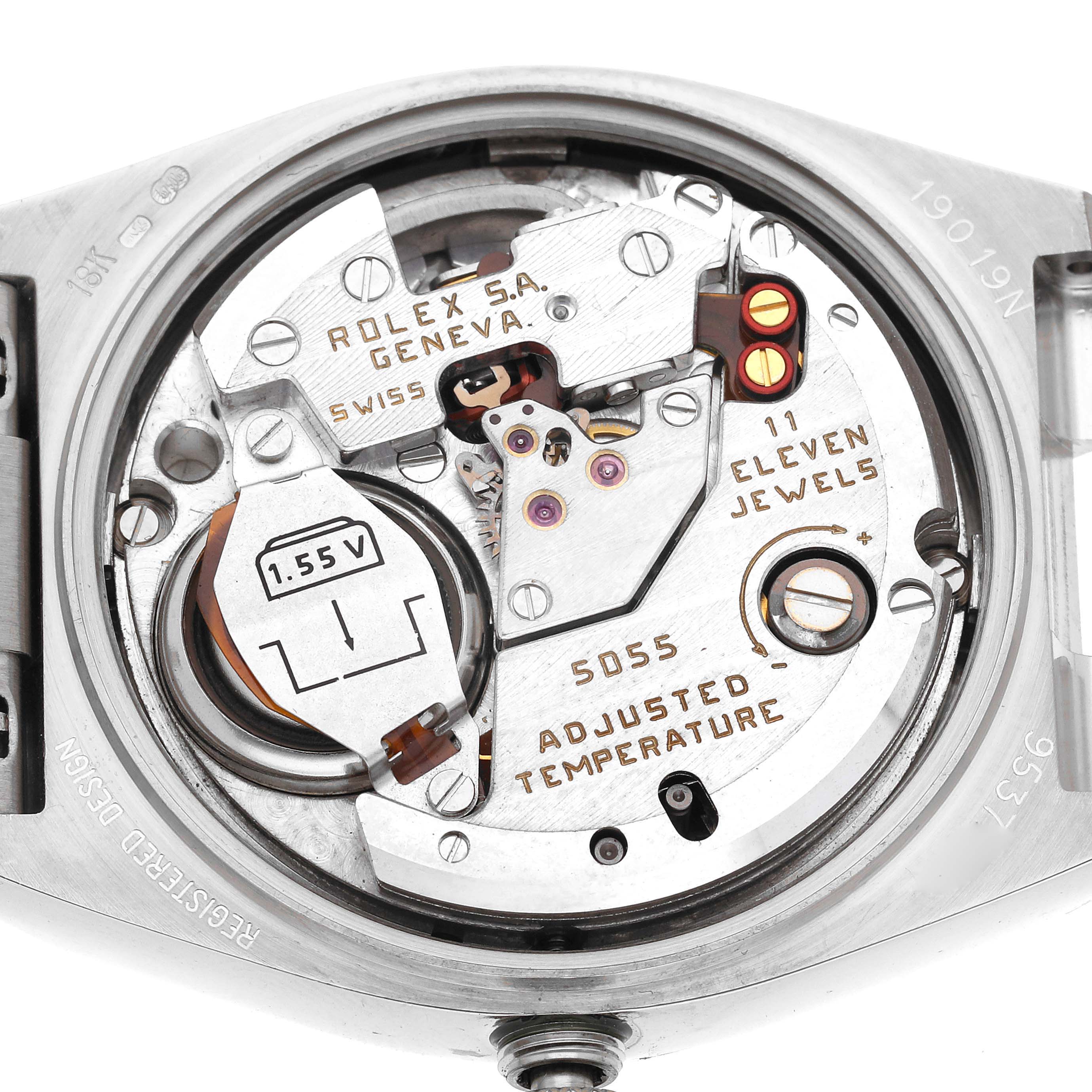 The image shows the movement of the Rolex Oysterquartz 19091 Men's White Gold Silver Dial 19091 Men's White Gold Silver Dial model from a top-down perspective, highlighting internal components and markings.