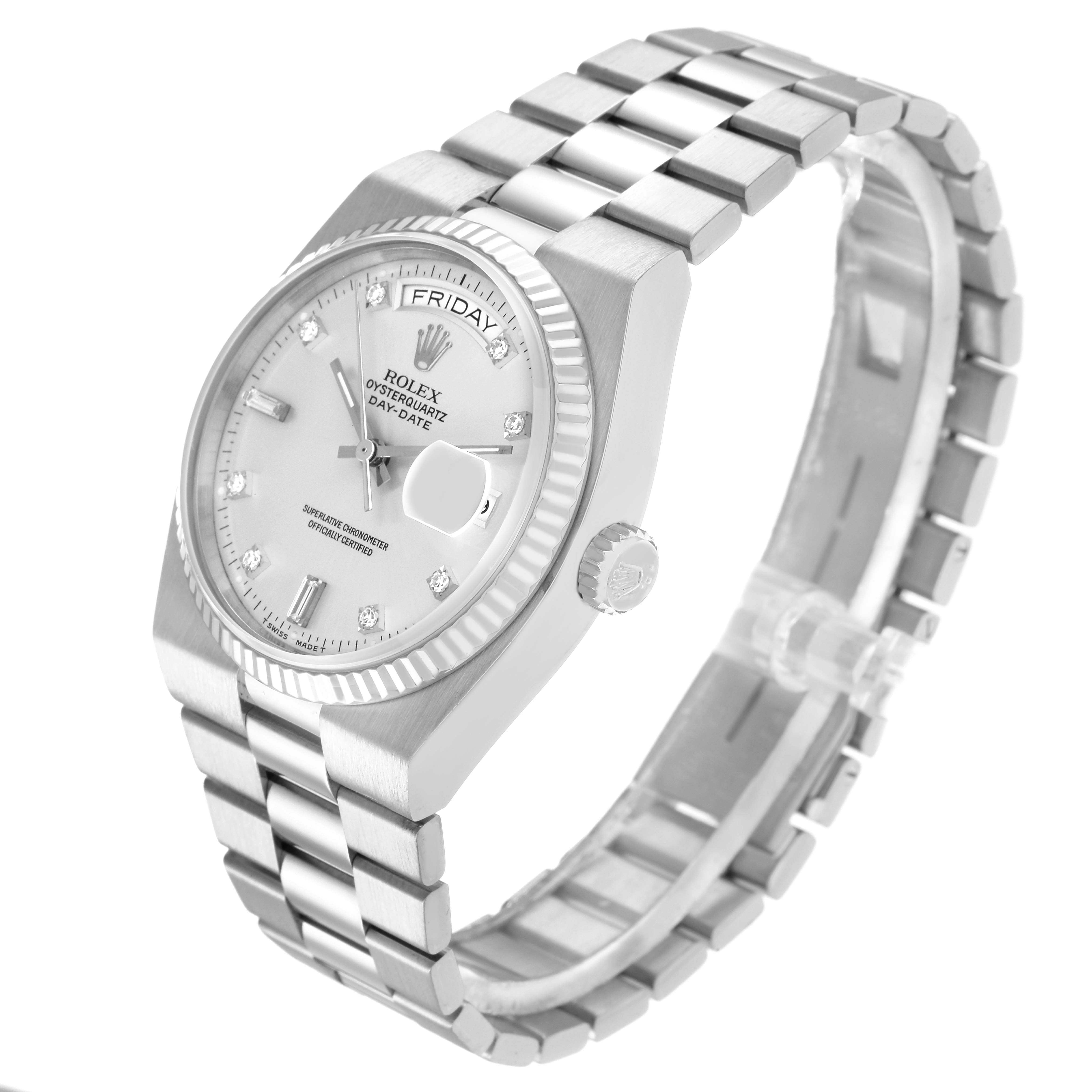The Rolex Oysterquartz 19091 Men's White Gold Silver Dial 19091 Men's White Gold Silver Dial watch is shown at a three-quarter angle, highlighting the dial, bezel, crown, and bracelet.
